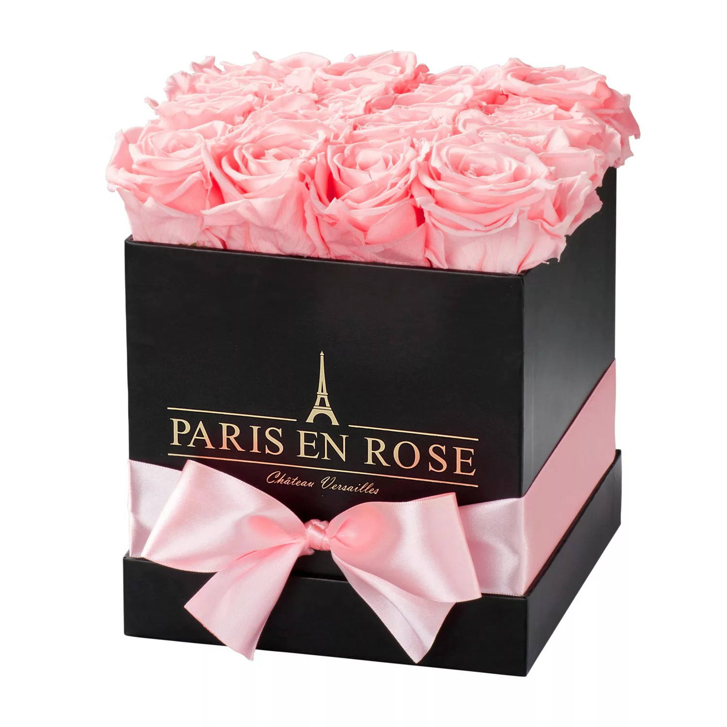 Rosenbox eckig Schwarz mit Schleife und 12 Rosa Rosen günstig online kaufen