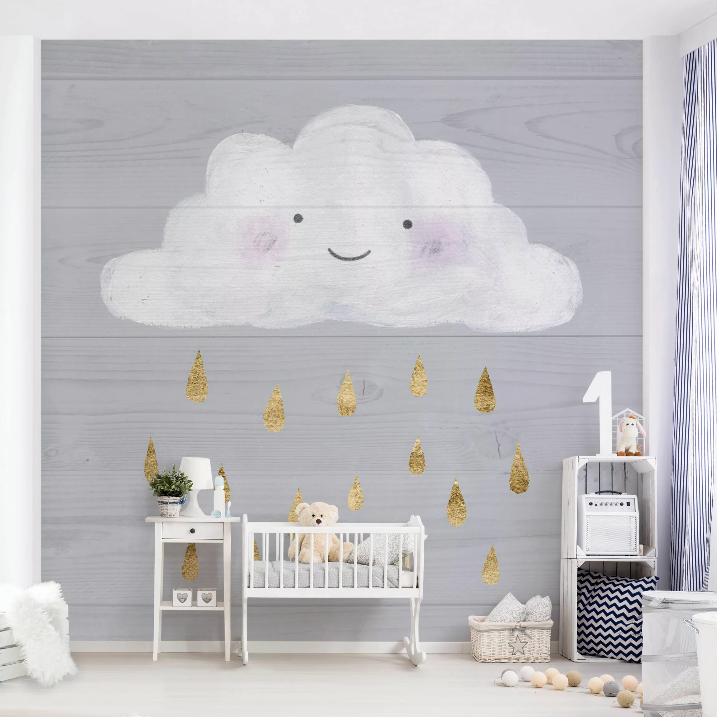 Bilderwelten Kindertapete Wolke mit goldenen Regentropfen grau Gr. 192 x 19 günstig online kaufen