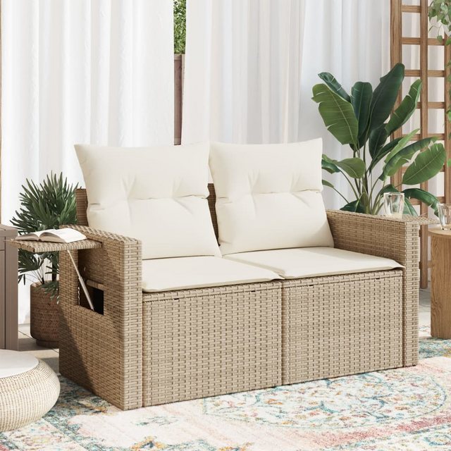 vidaXL Loungesofa Gartensofa mit Kissen 2-Sitzer Beige Poly Rattan, 1 Teile günstig online kaufen