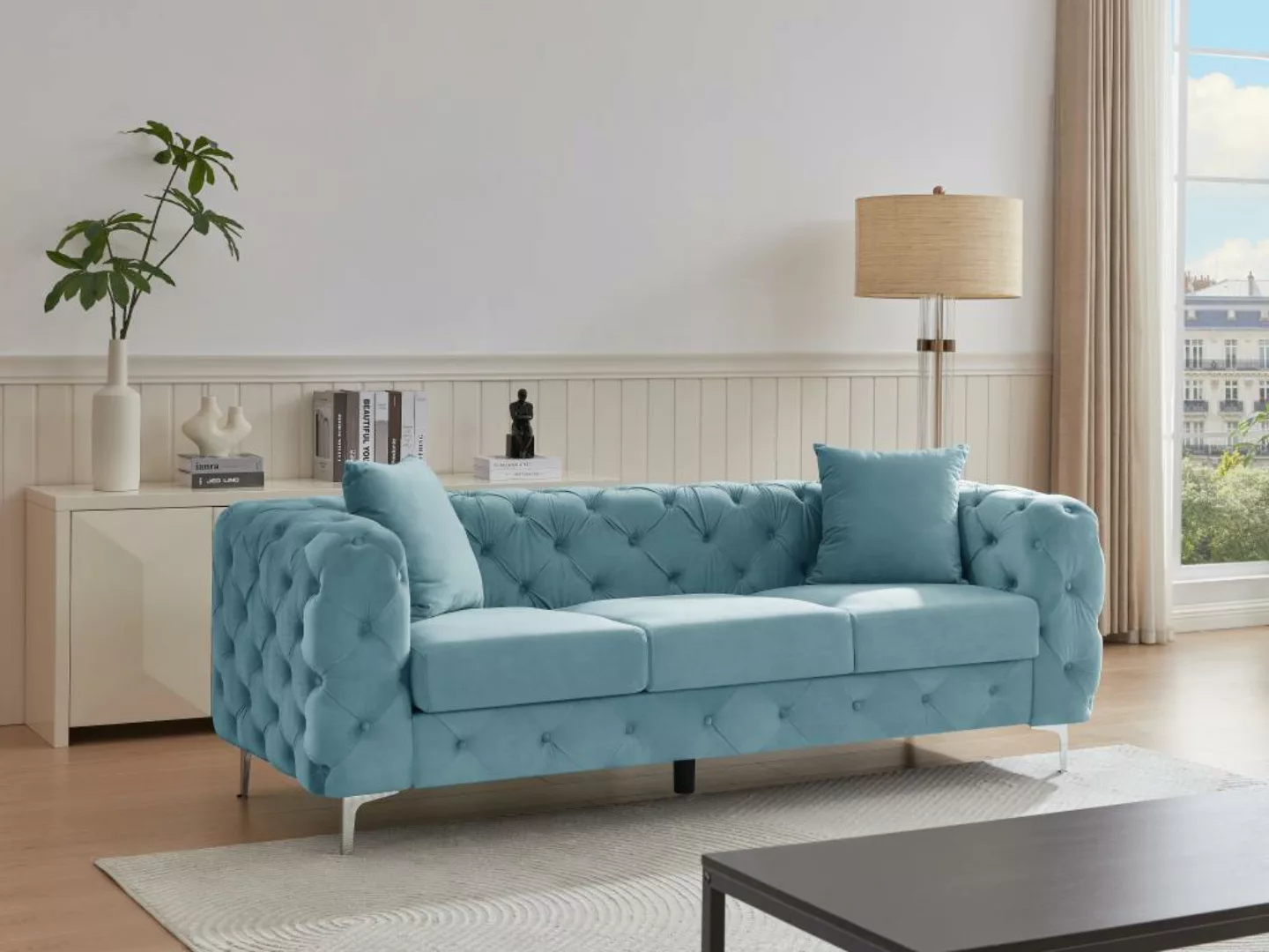 Chesterfield-Sofa 3-Sitzer - Samt - Pastellblau - EDWINA günstig online kaufen