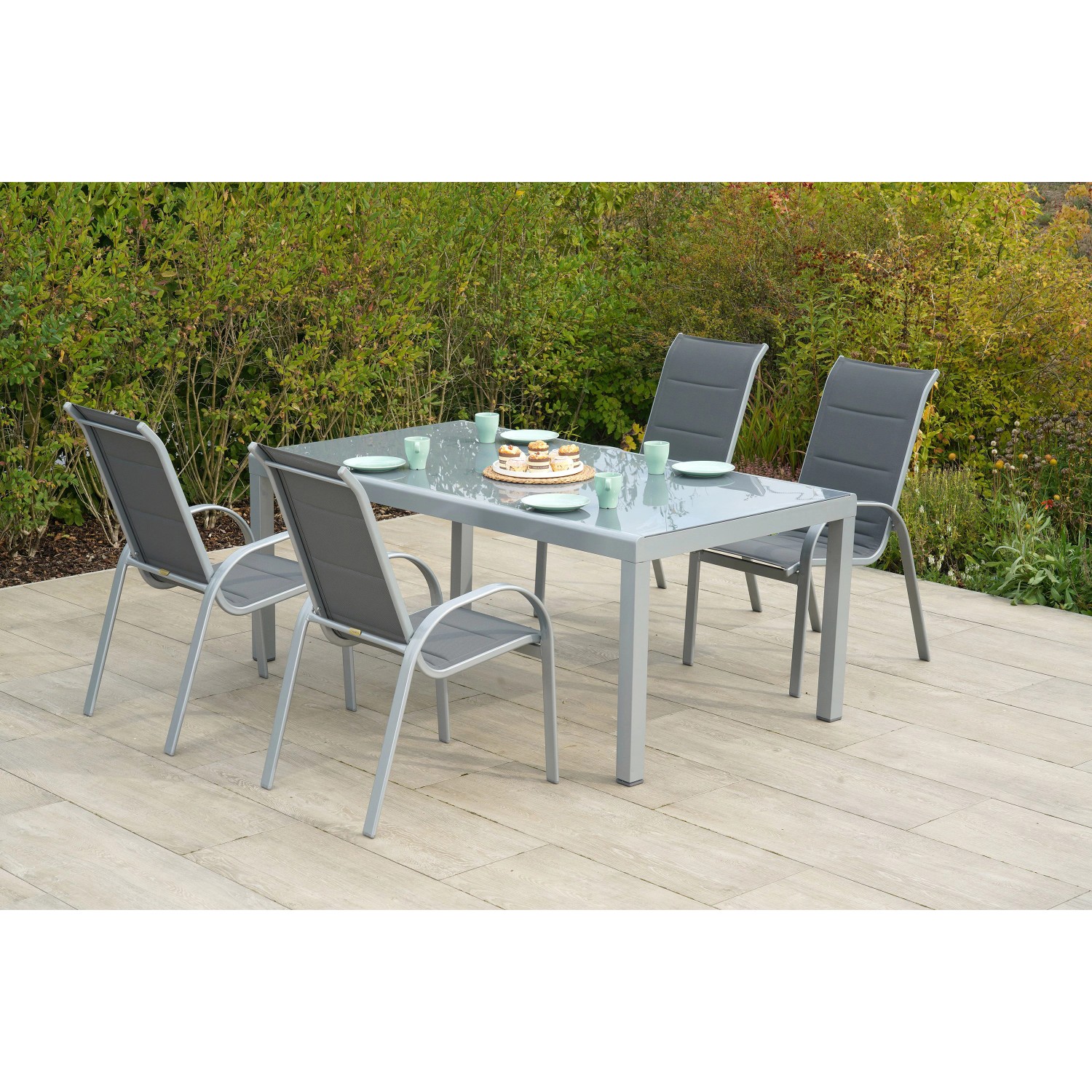 Merxx Amalfi Set 5 -tlg. 4 Stapelsessel Gartentisch 190 x 100 cm Grau günstig online kaufen