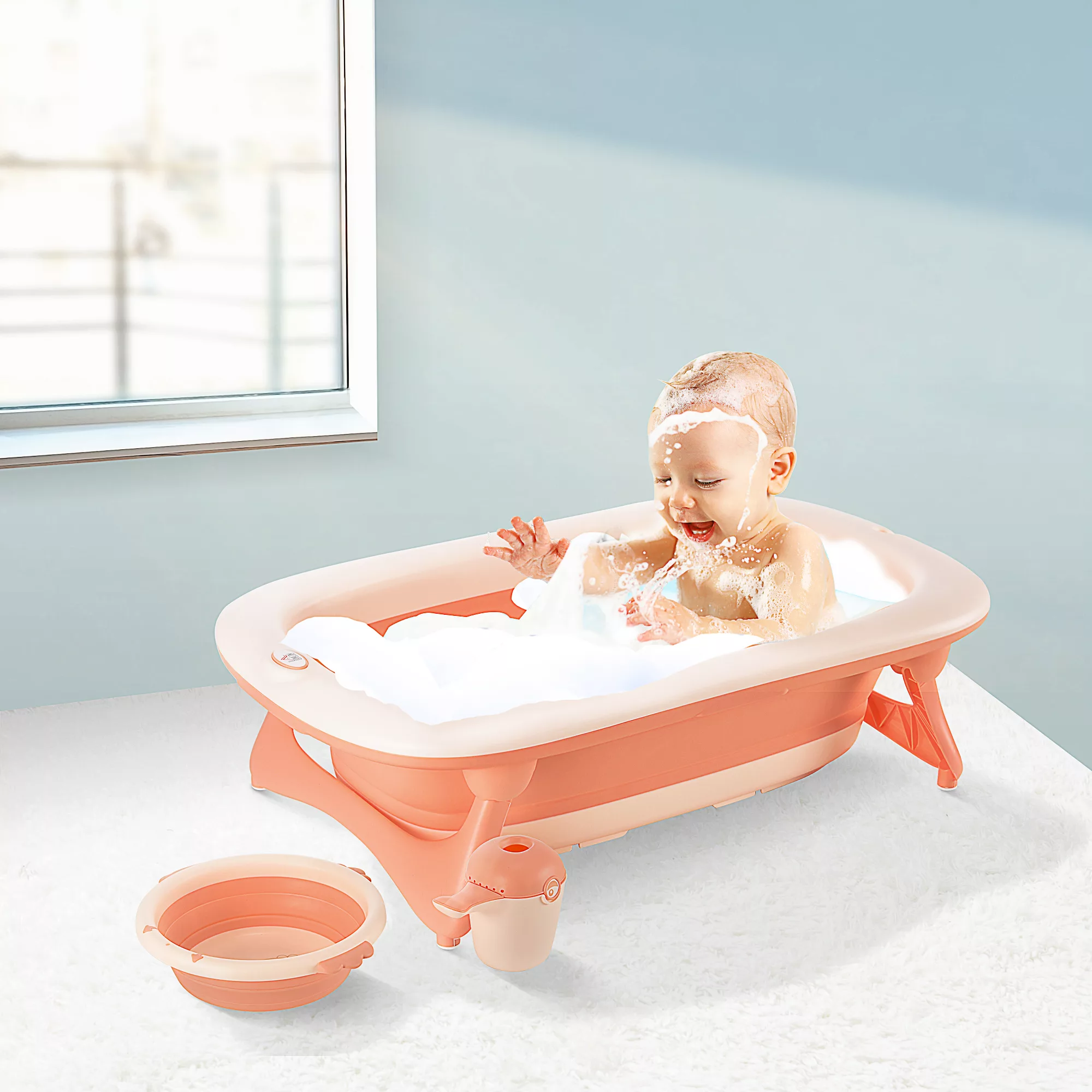 HOMCOM Babybadewanne mit Waschbecken und Shampoobecher, faltbare Babywanne, günstig online kaufen