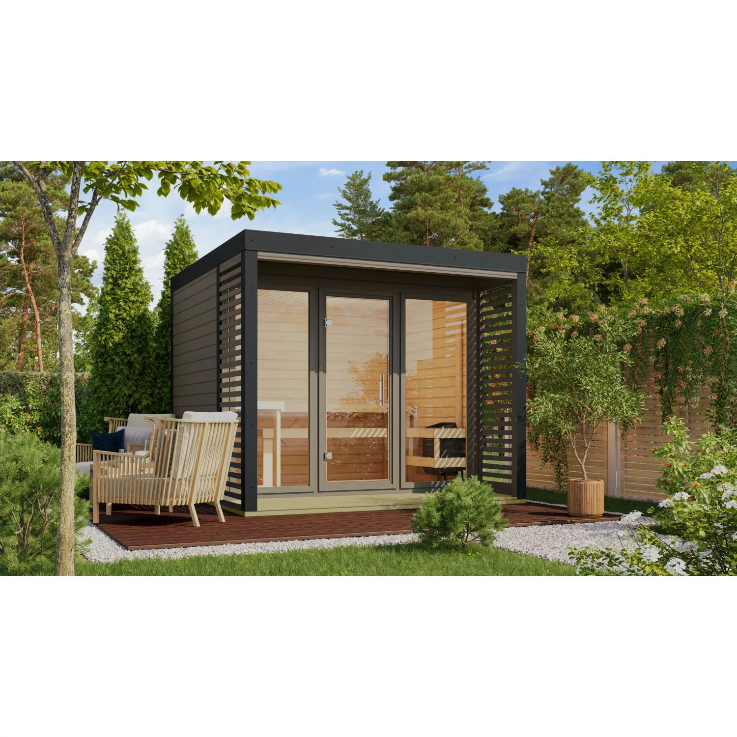 Karibu Saunahaus Seros 3 Terragrau/Anthrazit mit Ofen 9 kW Bio Ext. Strg. günstig online kaufen