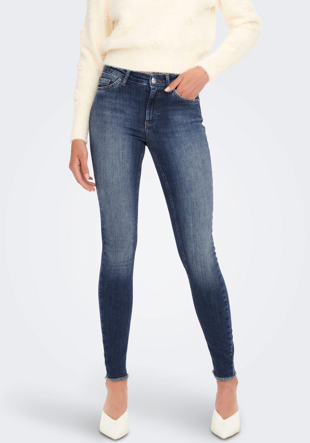 Only Damen Jeans ONLBLUSH MID SK ANK RAW DNM REA194 - Skinny Fit - Blau - M günstig online kaufen