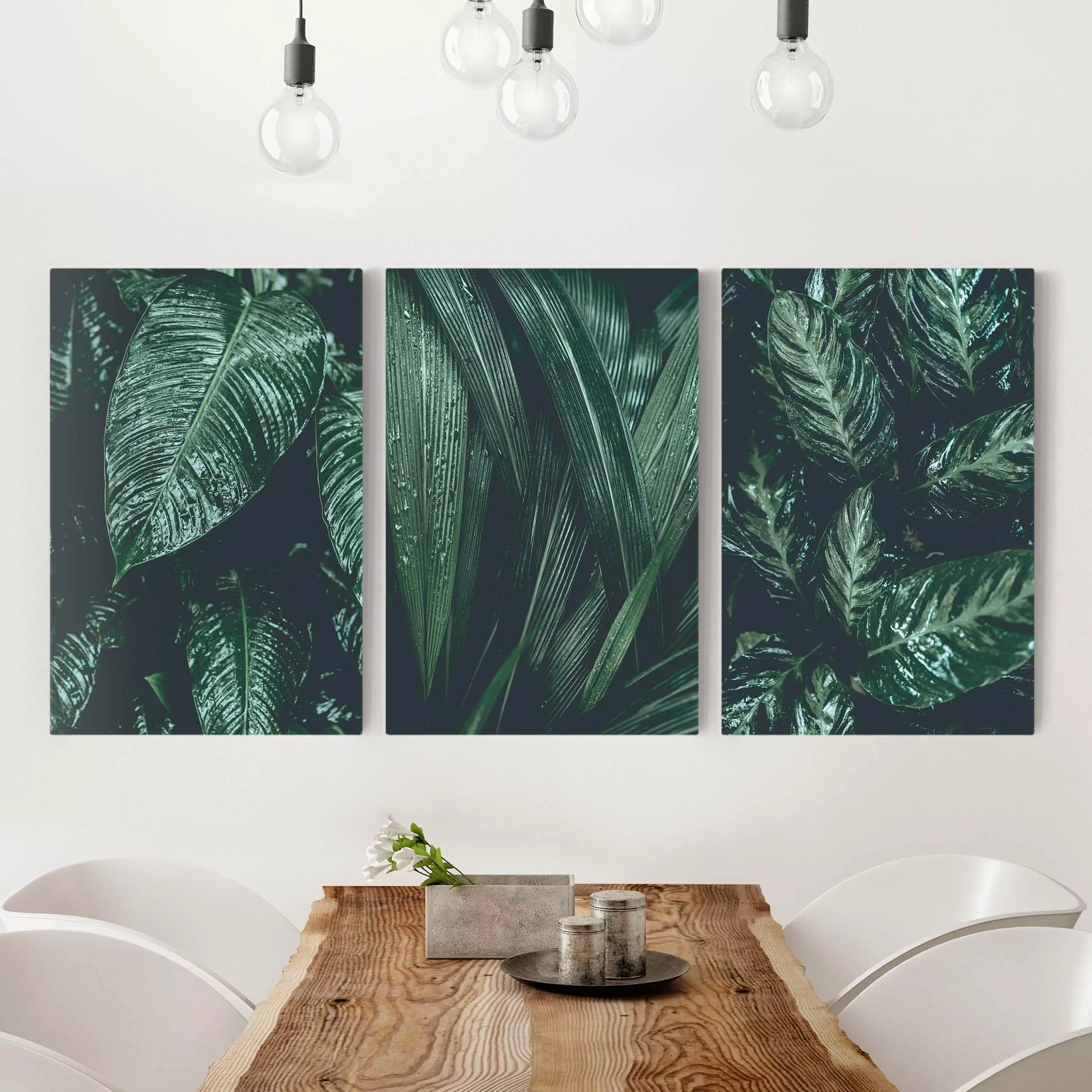 3-teiliges Leinwandbild Botanik - Hochformat Blätter im Regen günstig online kaufen
