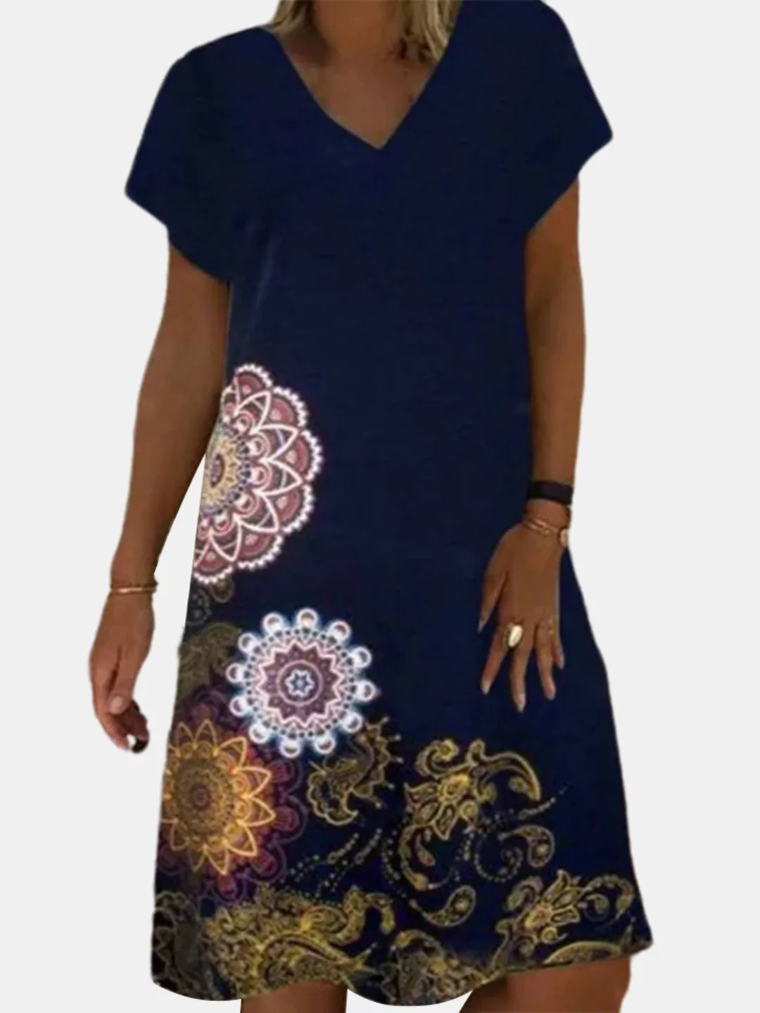 Vintage Bedrucktes Kurzarm-Midi Kleid mit V-Ausschnitt günstig online kaufen