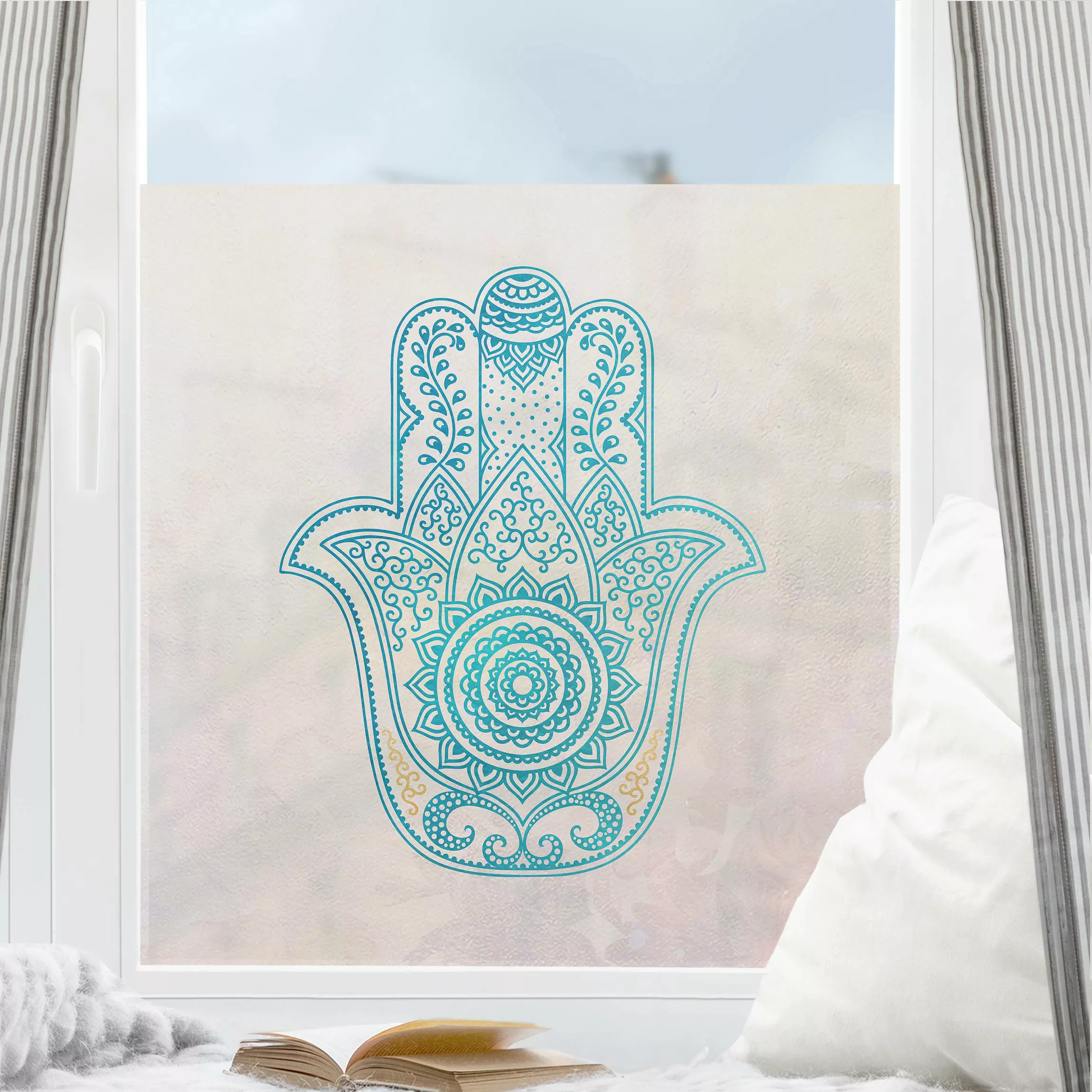 Fensterfolie Hamsa Hand Illustration Mandala gold blau günstig online kaufen