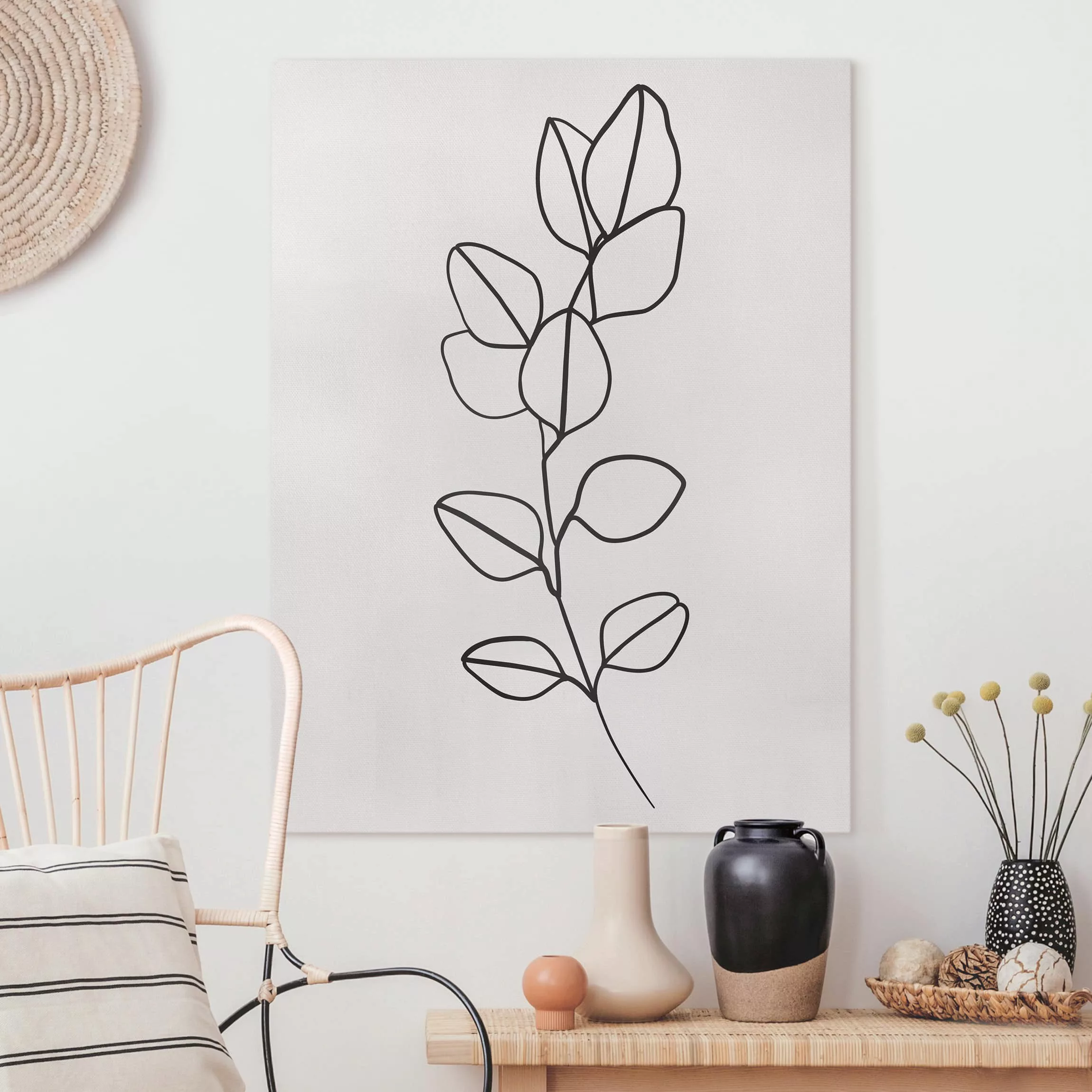 Leinwandbild Blumen - Hochformat Line Art Zweig Blätter Schwarz Weiß günstig online kaufen