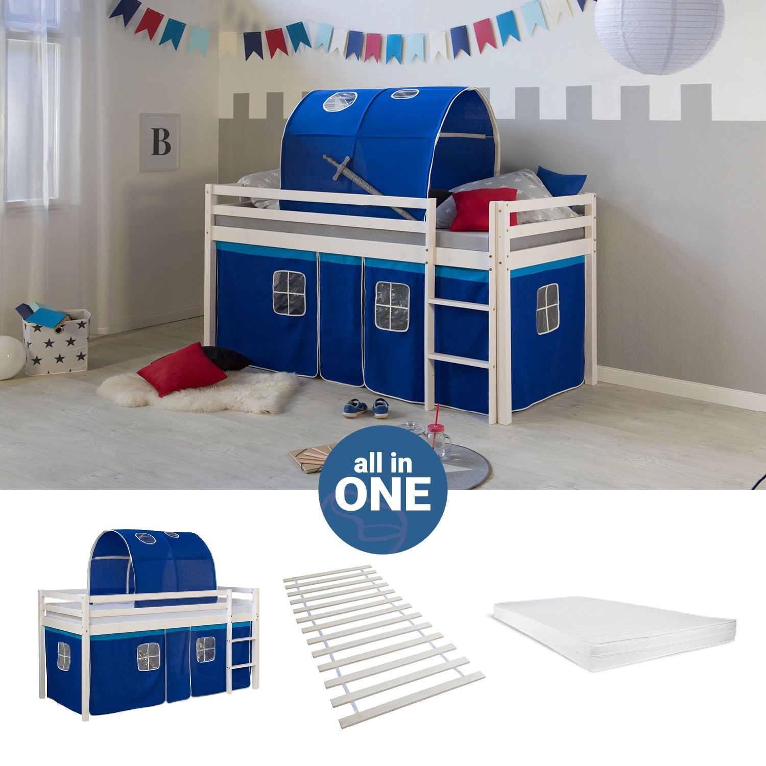 Homestyle4u Hochbett 90x200 mit Vorhang Lattenrost Matratze Tunnel in Weiß günstig online kaufen