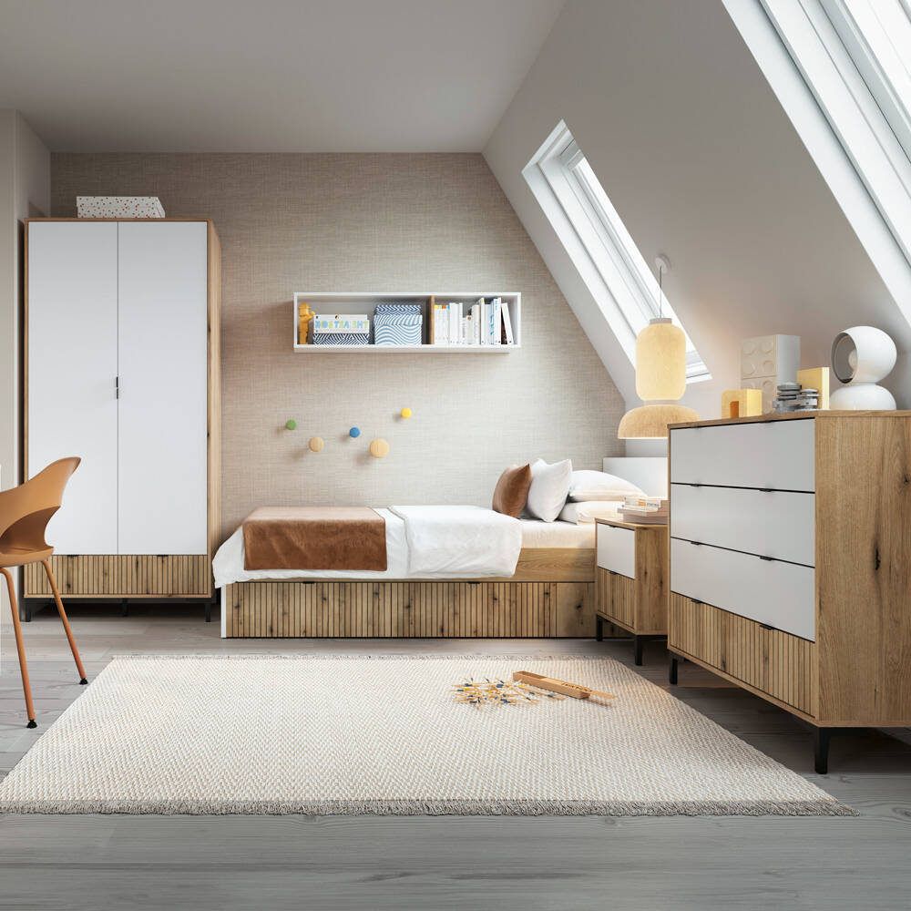 Jugendzimmer Set RISBY-129 mit Kleiderschrank und Bett 90x200 cm in Eiche m günstig online kaufen