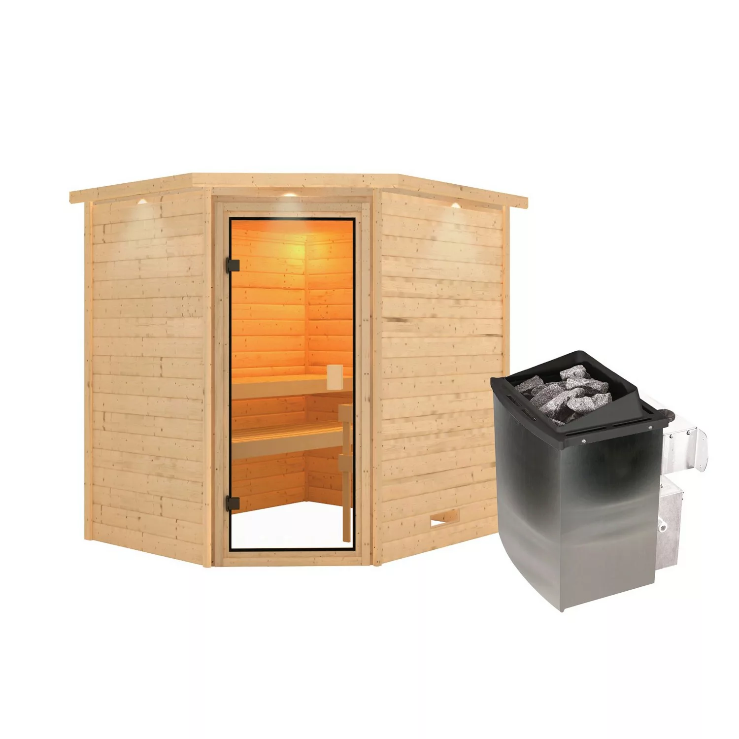 Karibu Sauna Elea mit Kranz Set Naturbelassen mit Ofen 9 kW integr. Steueru günstig online kaufen