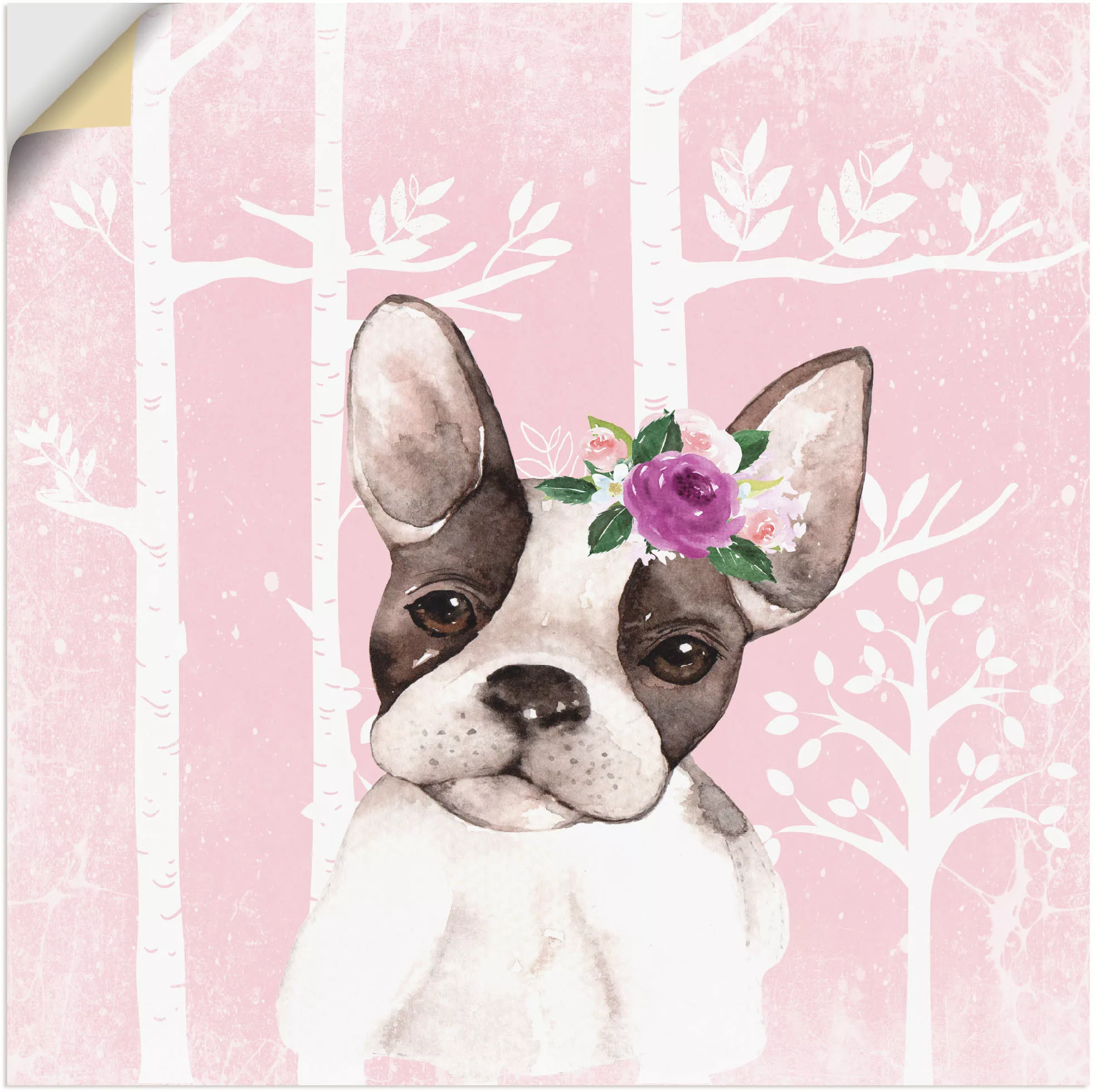 Artland Wandbild "Mops Hund mit Blumen im pink Wald", Tiere, (1 St.) günstig online kaufen