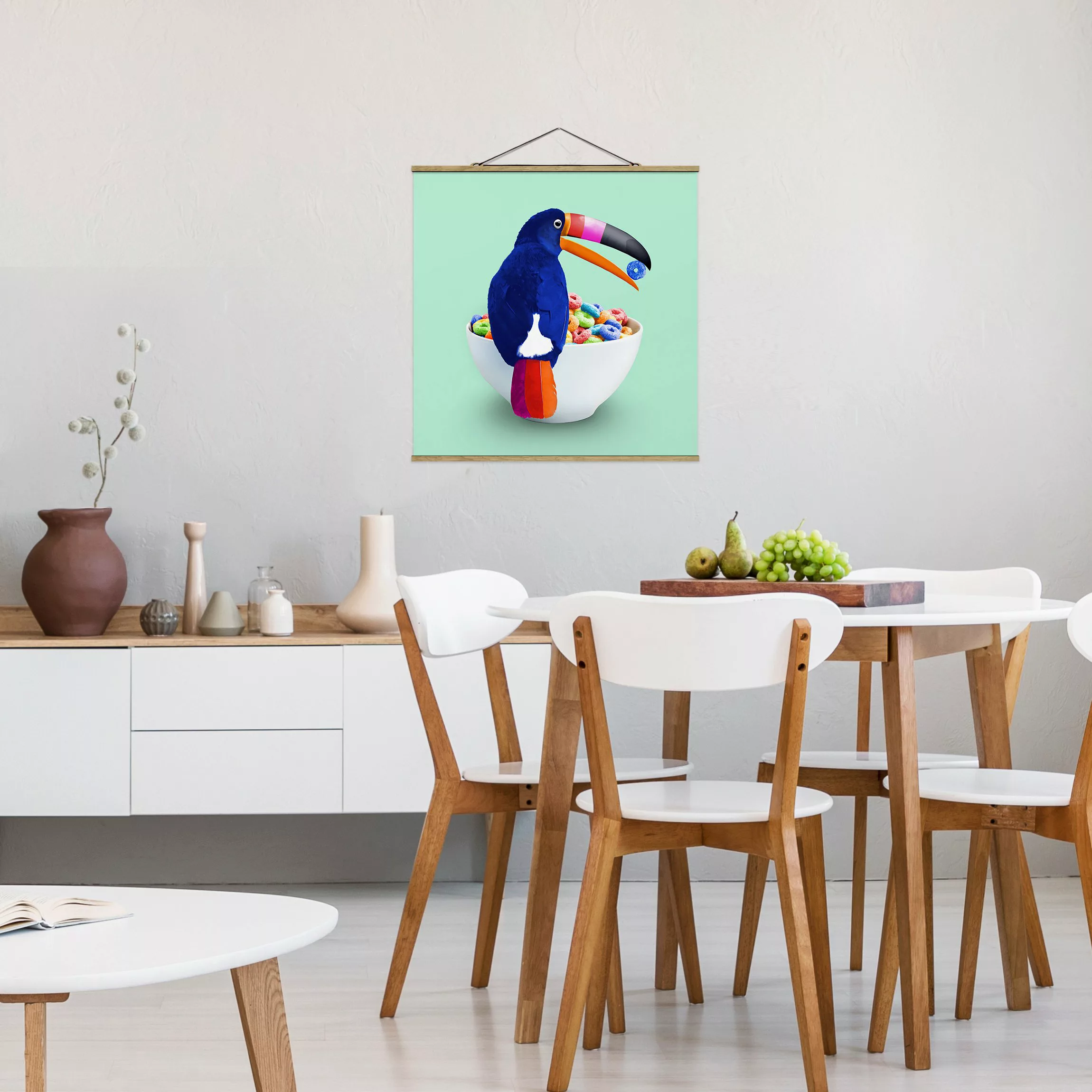 Stoffbild Tiere mit Posterleisten - Quadrat Frühstück mit Tukan günstig online kaufen