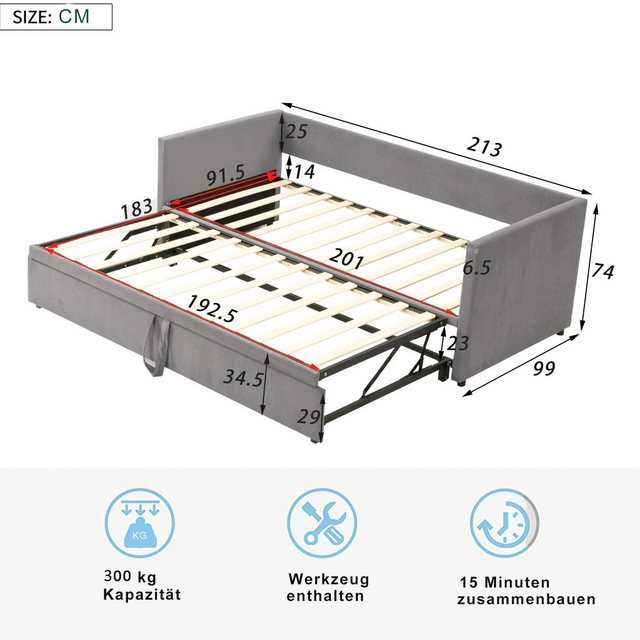 Flieks Daybett, Tagesbett Schlafsofa mit Unterbett 90x200cm/180x200cm Samt günstig online kaufen