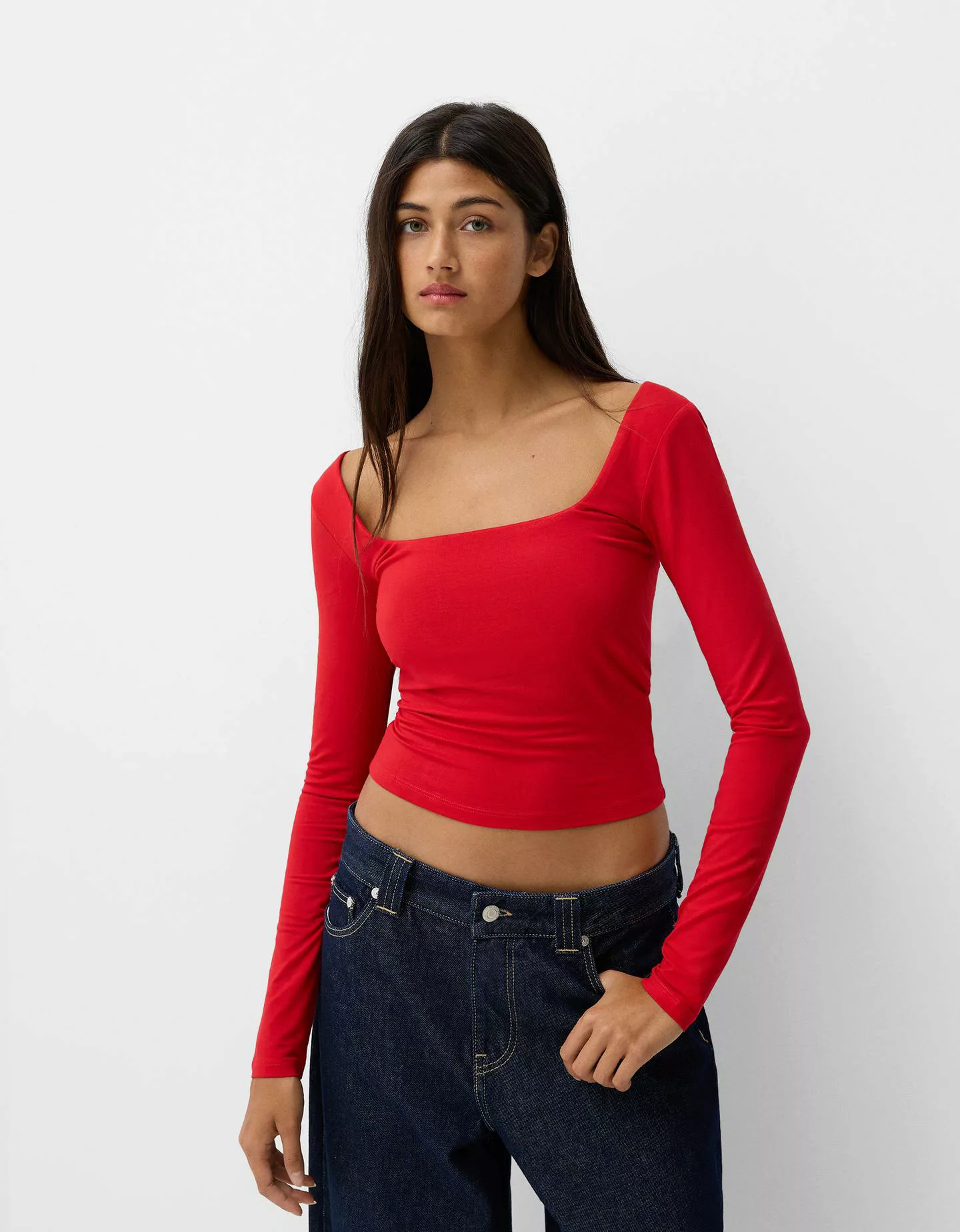 Bershka Shirt Mit Langen Ärmeln Und Kastenausschnitt Damen S Rot günstig online kaufen