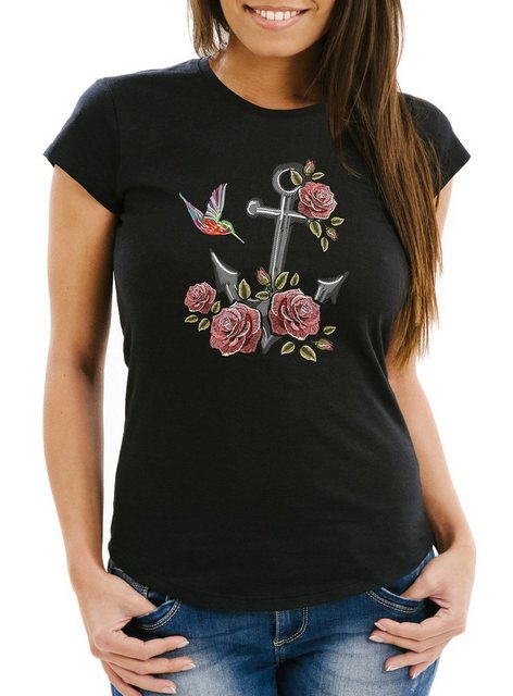 Neverless Print-Shirt Damen T-Shirt Anker Rosen Patch Tropical Anchor Stick günstig online kaufen