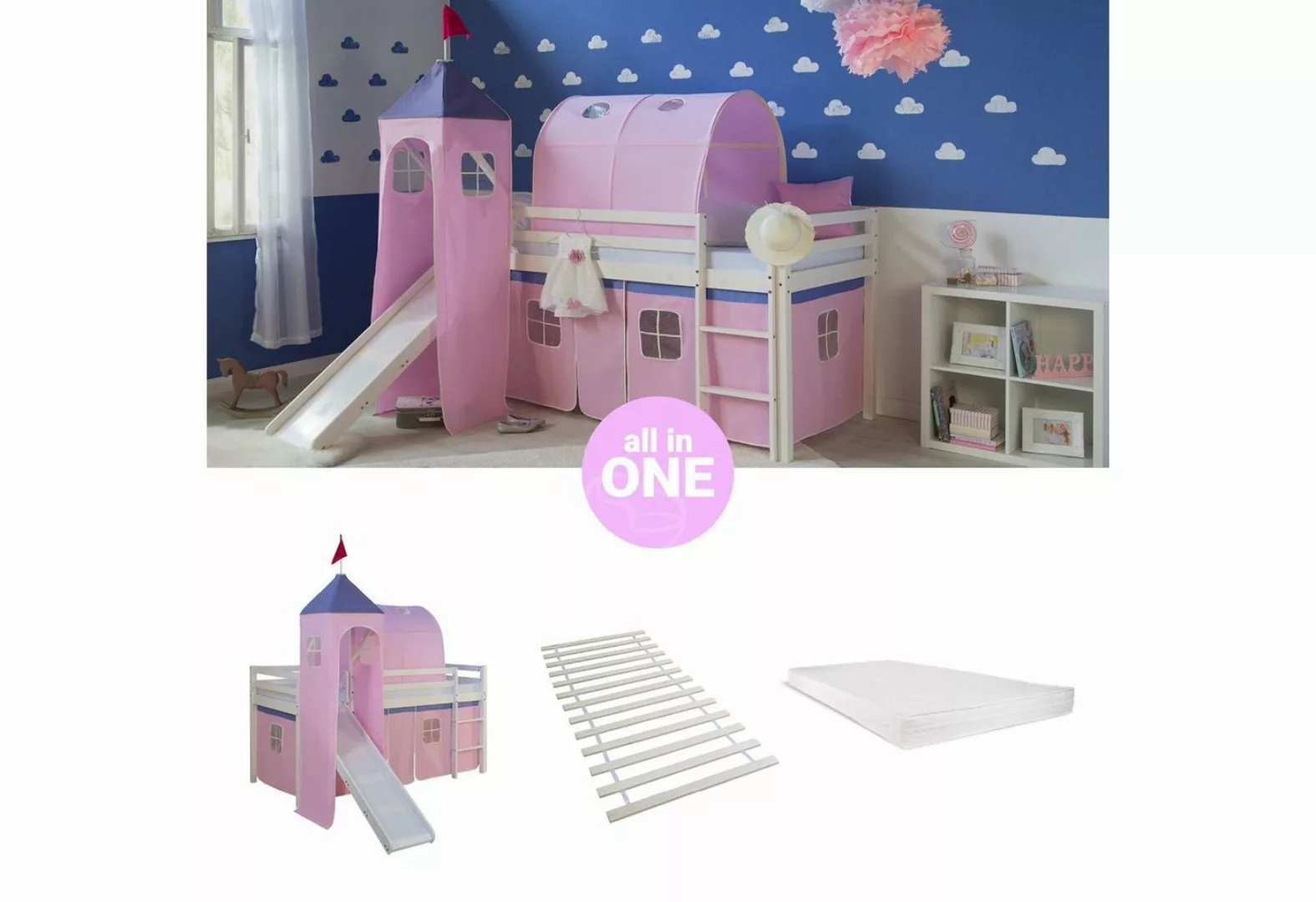 Homestyle4u Hochbett Kinderbett mit Leiter und Vorhang Weiß Rosa Holz Trepp günstig online kaufen