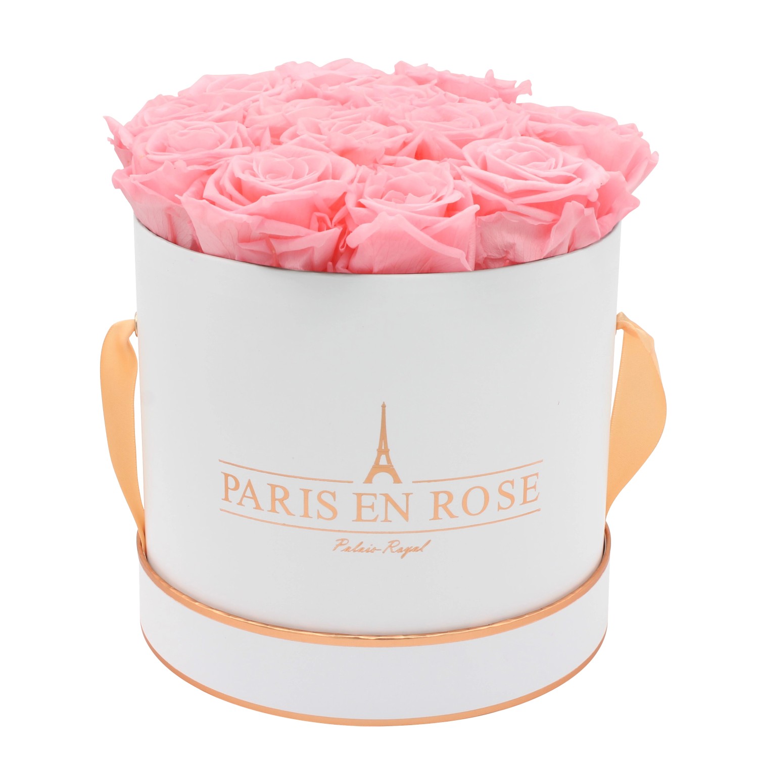 Rosenbox Ø 19 cm Weiß-Roségold mit 14 Rosa Rosen günstig online kaufen