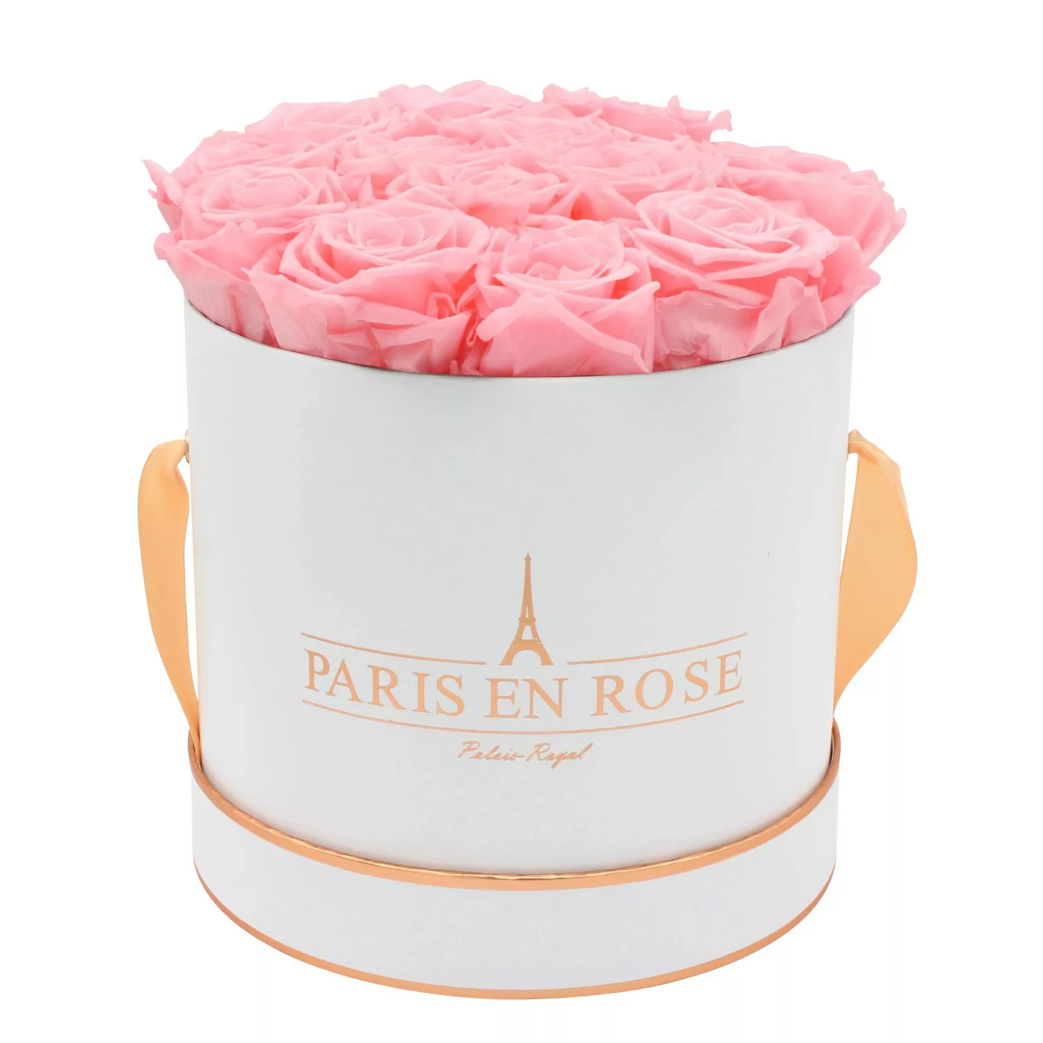 Rosenbox Ø 19 cm Weiß-Roségold mit 14 Rosa Rosen günstig online kaufen