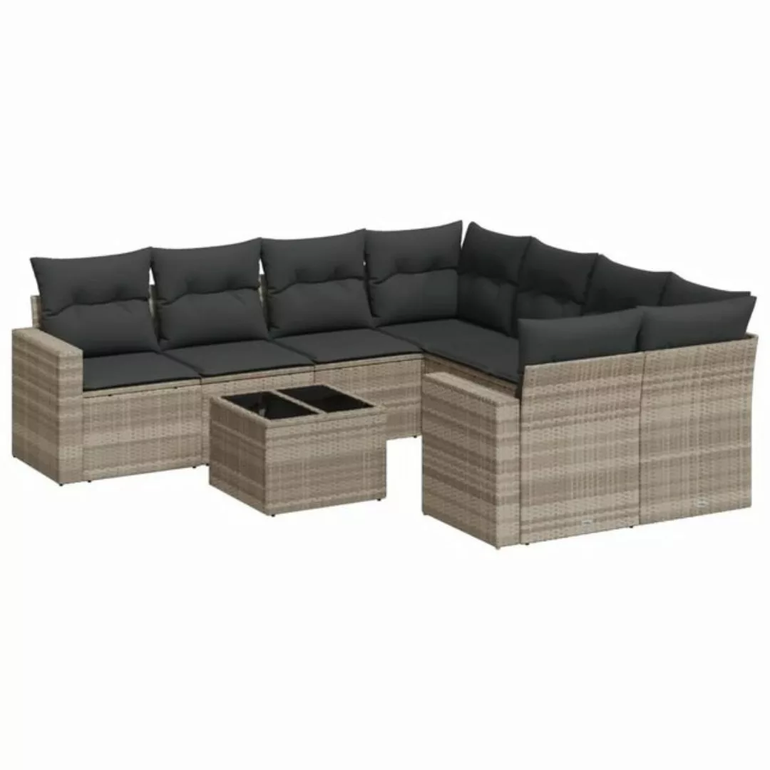 vidaXL Sofaelement 9-tlg. Garten-Sofagarnitur mit Kissen Hellgrau Poly Ratt günstig online kaufen