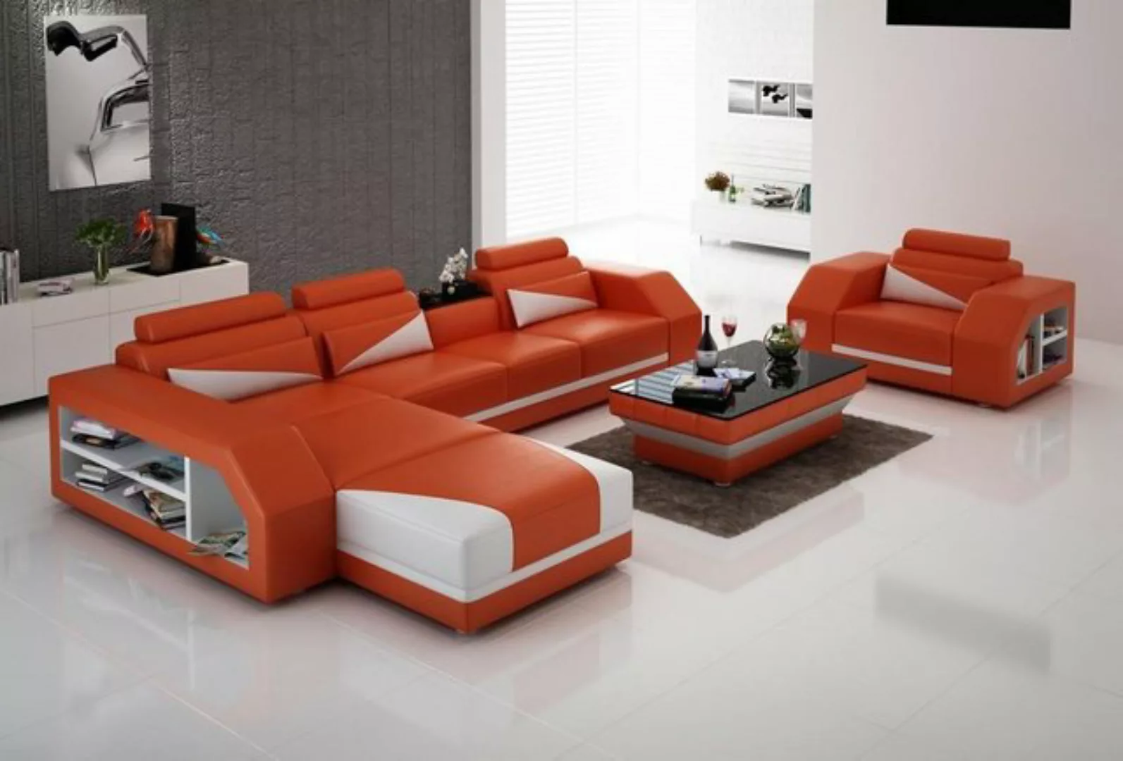 JVmoebel Sofa Ledersofa Wohnlandschaft Ecksofa L-Form mit Sessel Set Modern günstig online kaufen