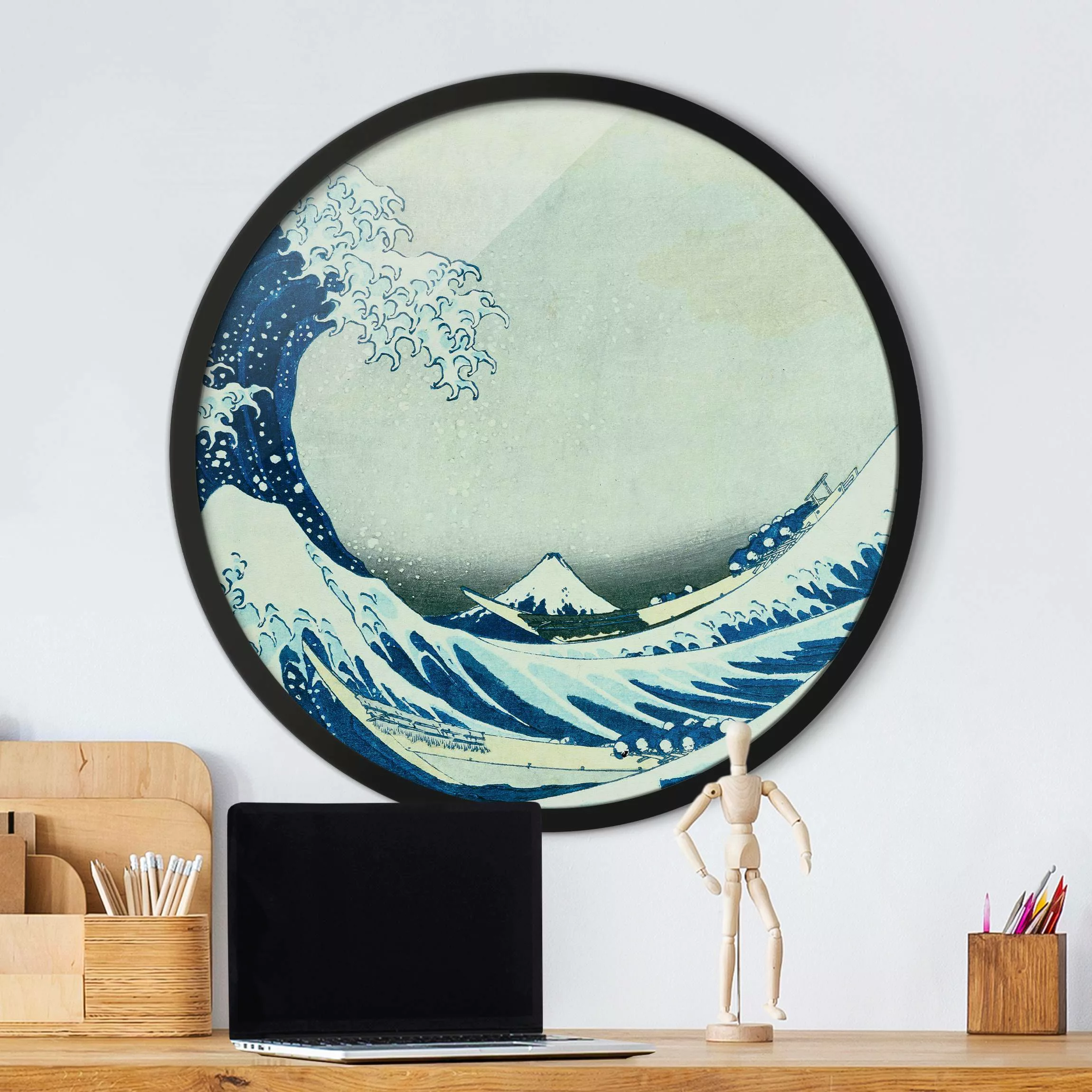 Rundes Gerahmtes Bild Katsushika Hokusai - Die grosse Welle von Kanagawa günstig online kaufen