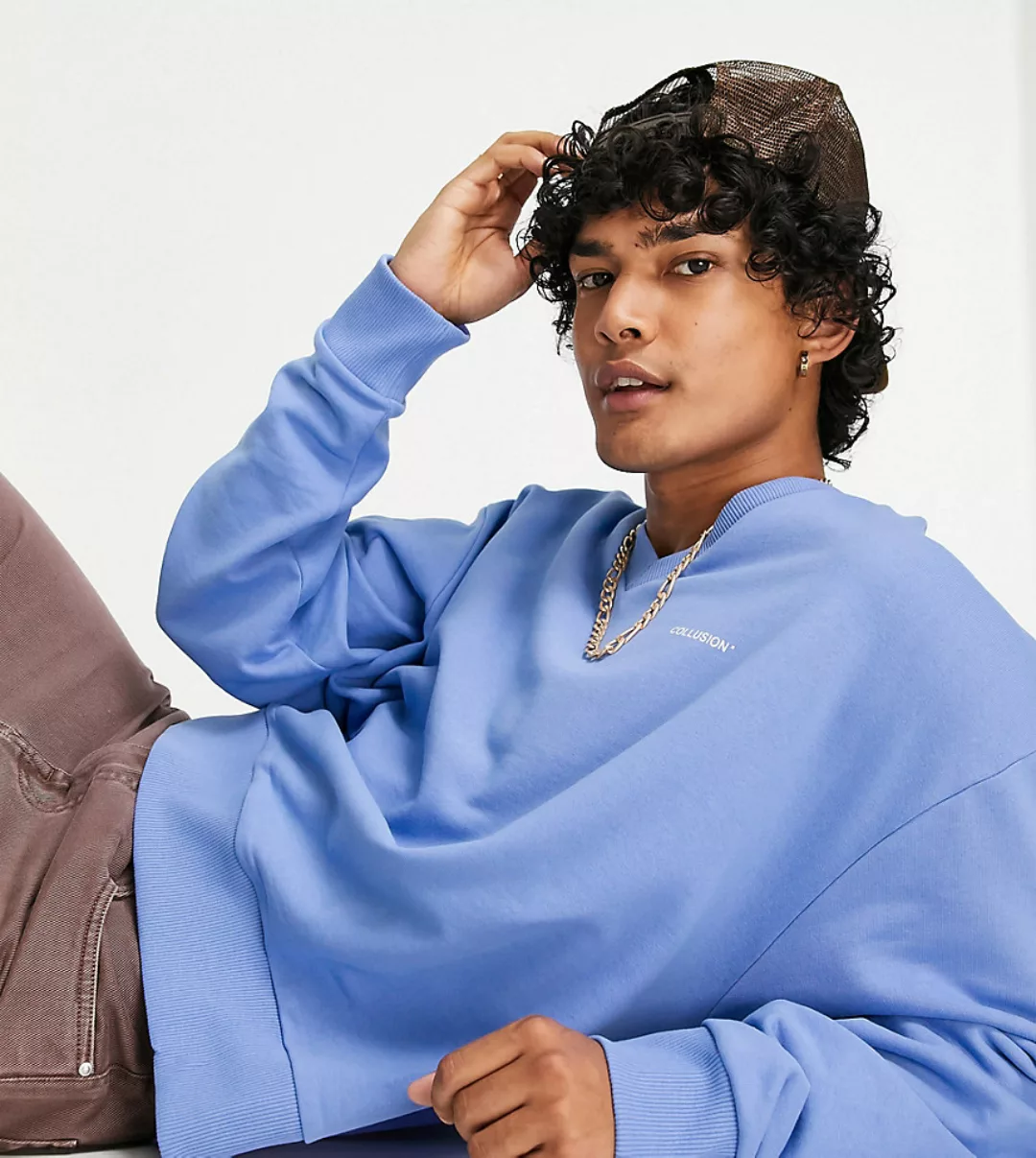 COLLUSION – Kurzes Oversize-Sweatshirt in Blau mit V-Ausschnitt, Kombiteil günstig online kaufen
