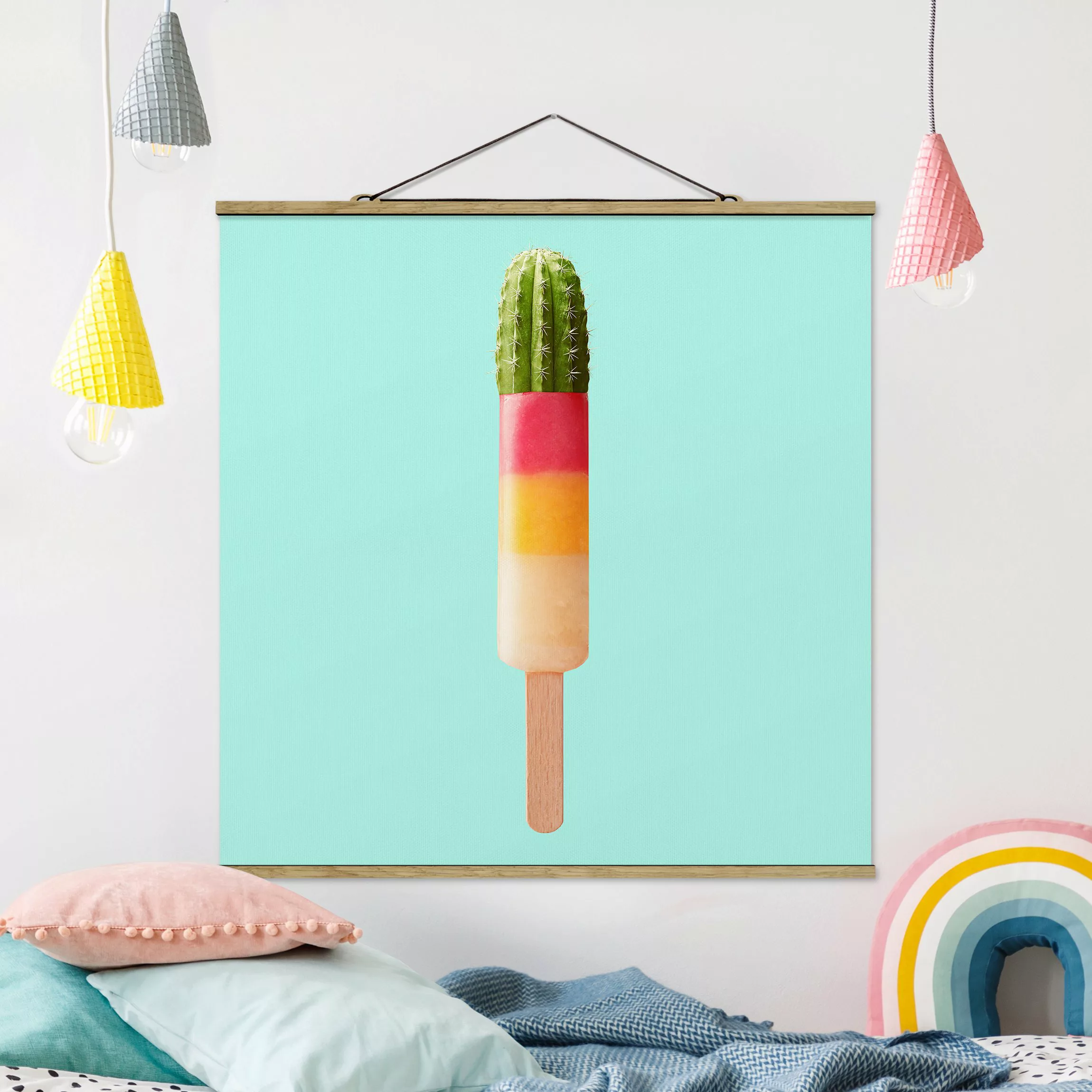 Stoffbild Küche mit Posterleisten - Quadrat Eis mit Kaktus günstig online kaufen