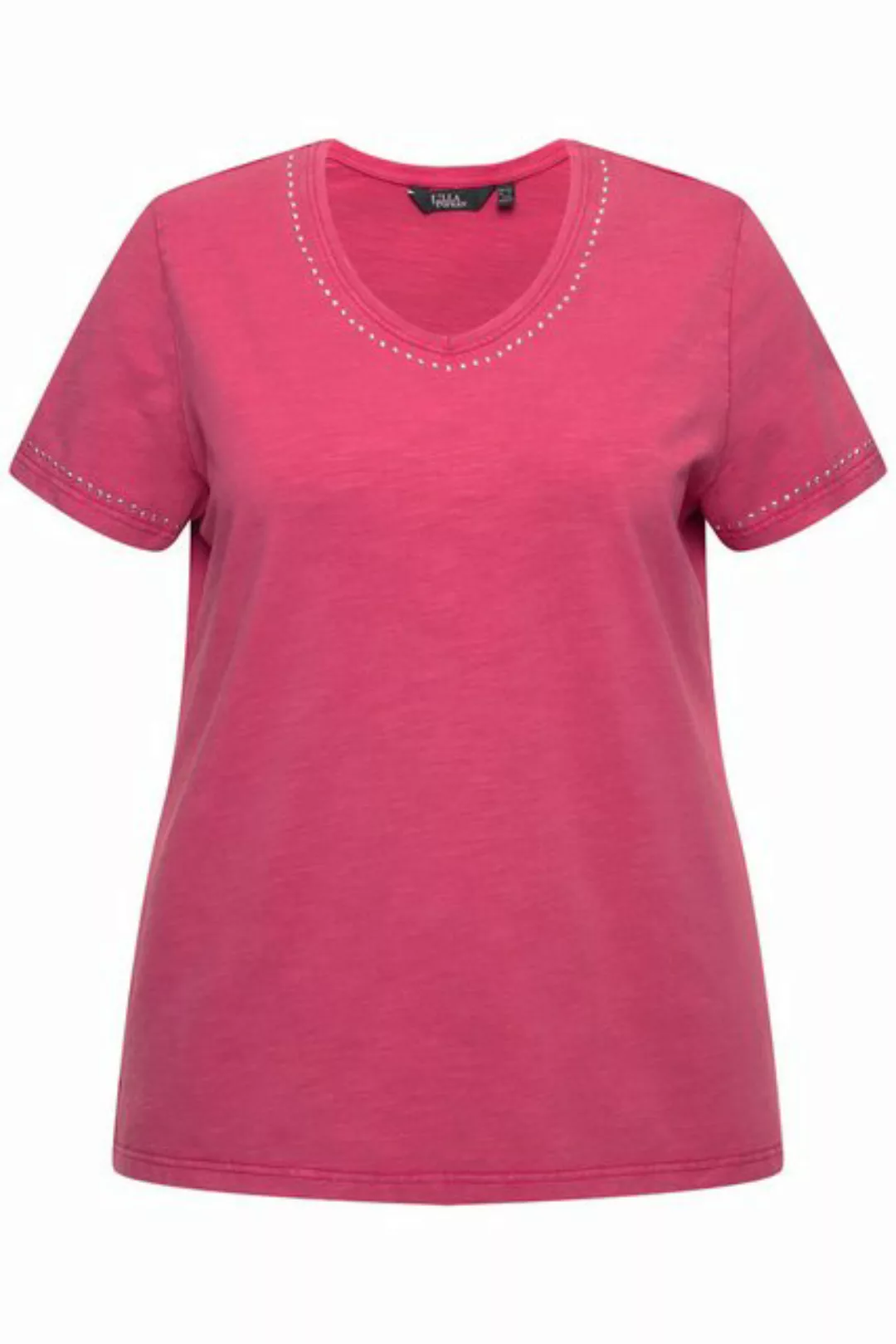 Ulla Popken Rundhalsshirt T-Shirt cold dyed Ziernieten V-Ausschnitt Halbarm günstig online kaufen