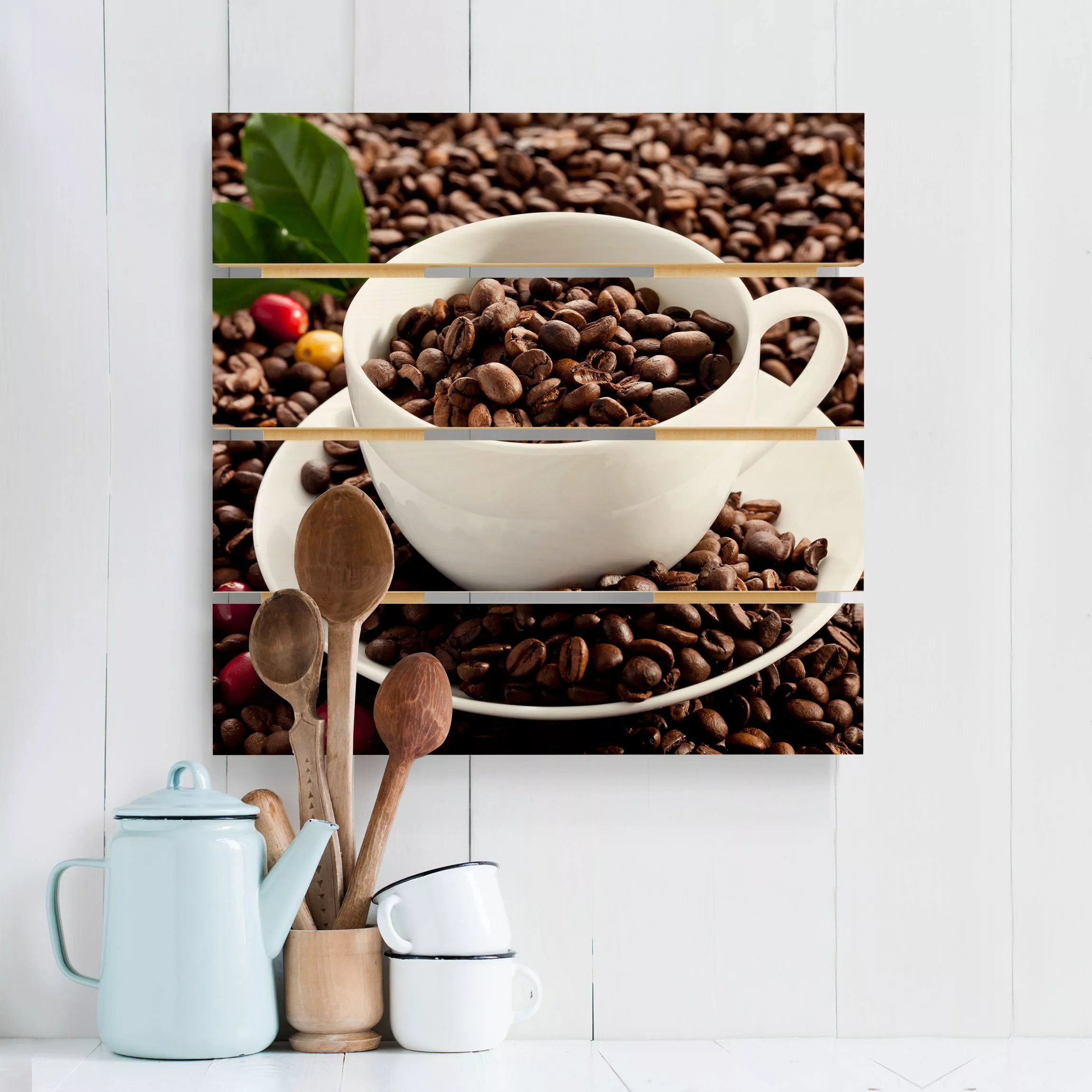 Holzbild Plankenoptik Küche - Quadrat Kaffeetasse mit gerösteten Kaffeebohn günstig online kaufen