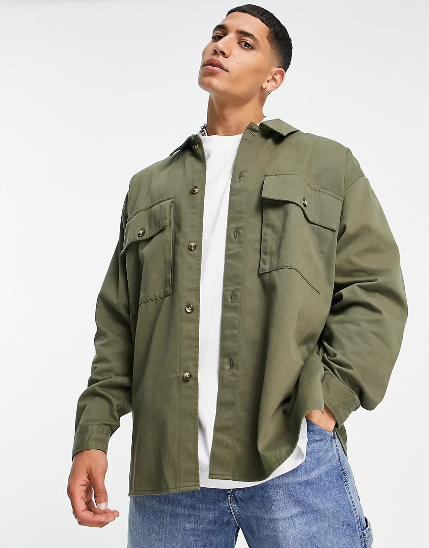 Topman – Oversize-Hemdjacke in Khaki-Grün günstig online kaufen