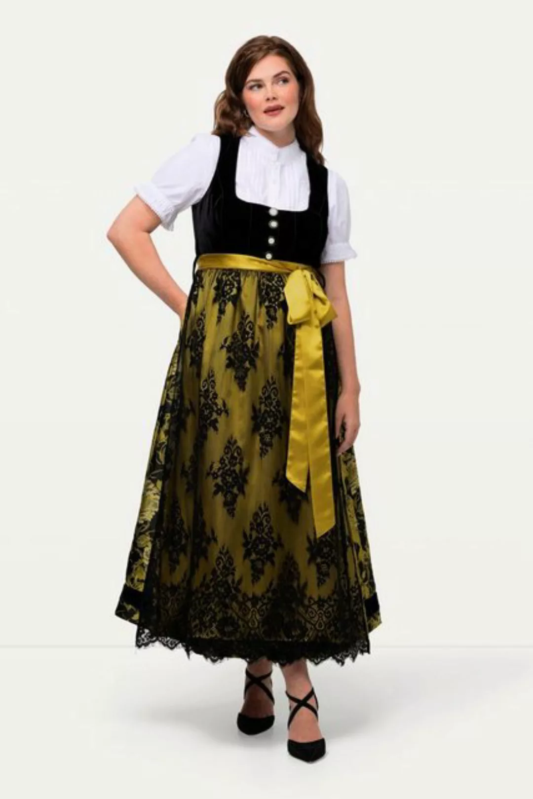 Ulla Popken Jerseykleid Dirndl Carree-Ausschnitt Samt-Top Jacquard-Rock günstig online kaufen