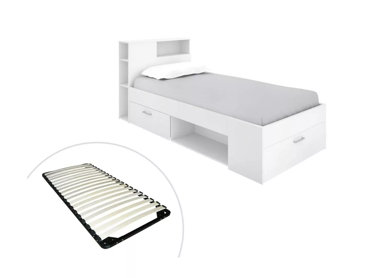 Bett mit Kopfteil, Stauraum & Schublade - 90 x 190 cm + Lattenrost - Weiß - günstig online kaufen