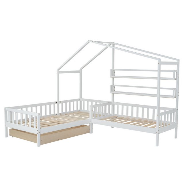 Flieks Kinderbett (1-tlg), Massivholz L-Struktur Hausbett 90x200cm+70x140cm günstig online kaufen