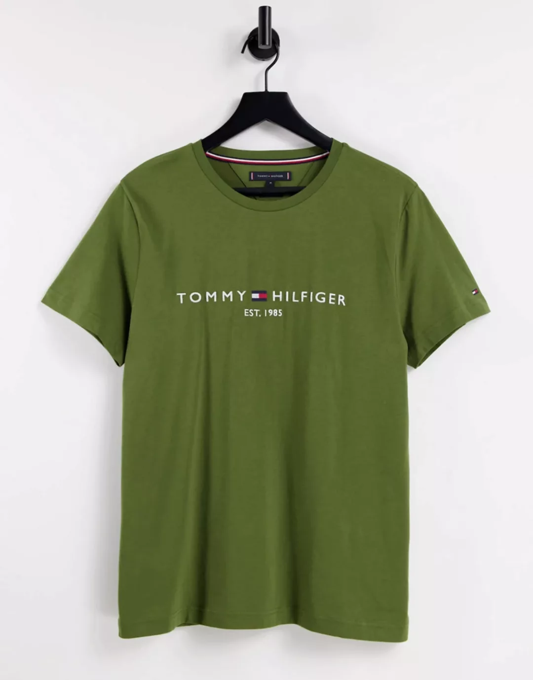 Tommy Hilfiger – Klassisches T-Shirt in Dunkelgrün mit Logo günstig online kaufen