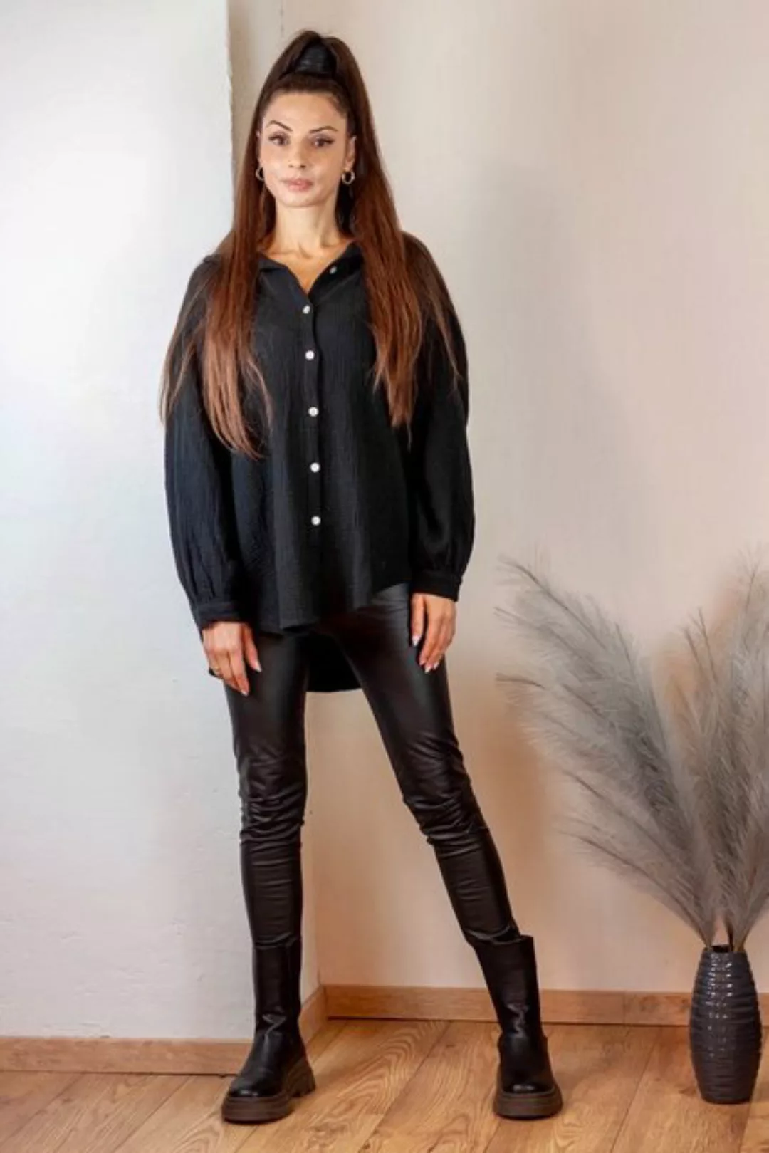 Lelü Fashion Longbluse Musselin Bluse mit V-Ausschnitt, OneSize (Gr. 36-48) günstig online kaufen