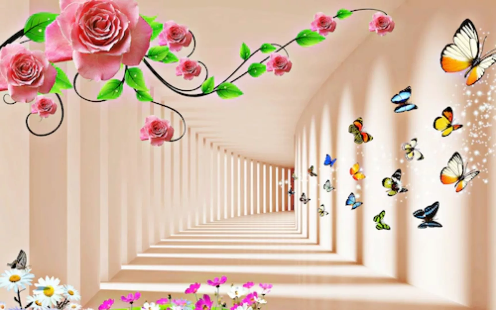 Papermoon Fototapete »Muster mit Blumen und Schmetterlingen« günstig online kaufen