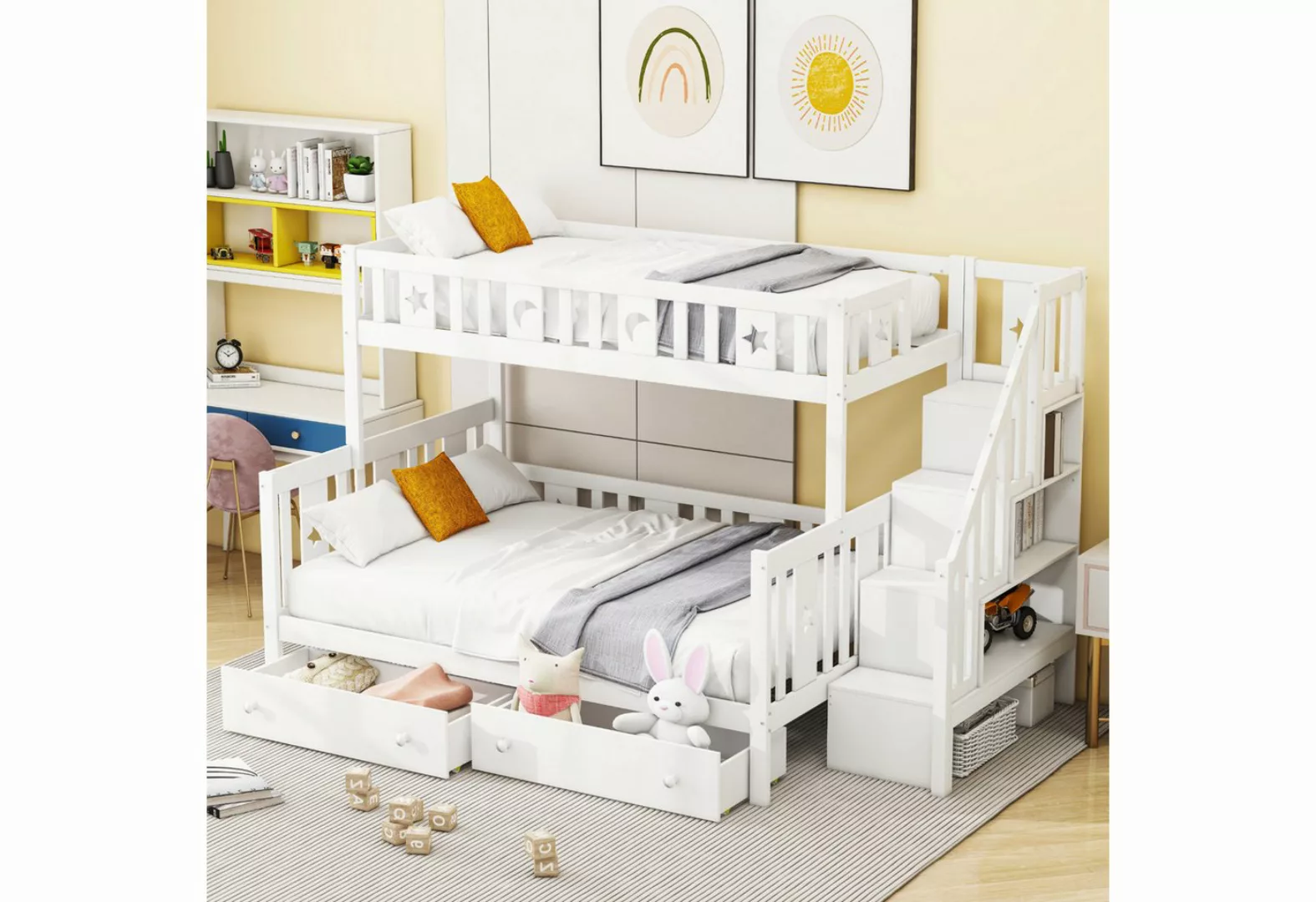 MODFU Etagenbett Kinderbett (mit Sicherheitstreppe, zwei großen Schubladen günstig online kaufen