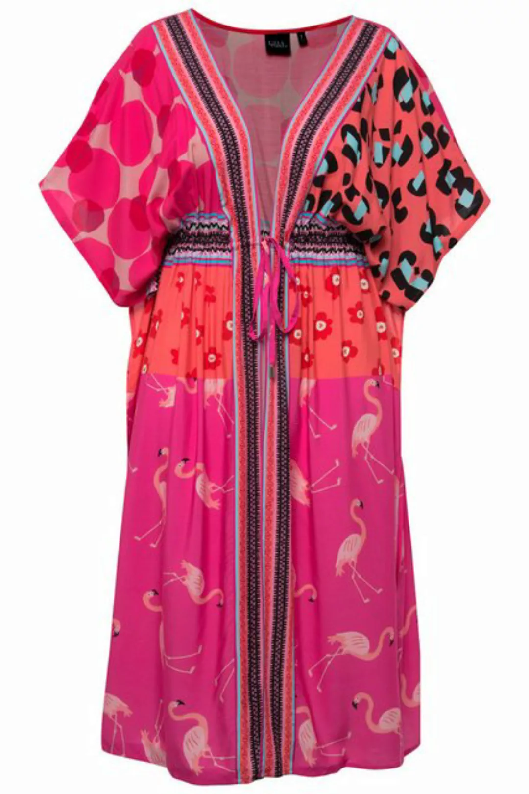 Ulla Popken Strandkleid Kaftan Flamingos Bindeband V-Ausschnitt Halbarm günstig online kaufen