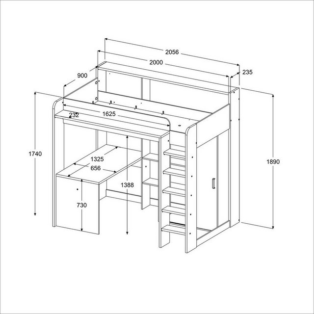 Parisot Hochbett Higher (Stauraumbett Liegefläche 90x200 cm) mit Schreibtis günstig online kaufen