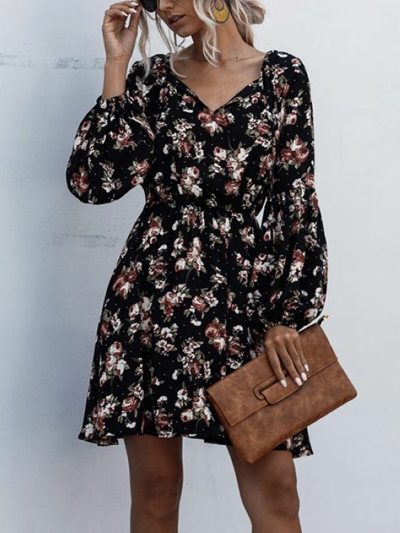 Schwarze Random Floral Print V-Ausschnitt Puffärmel Kleid günstig online kaufen