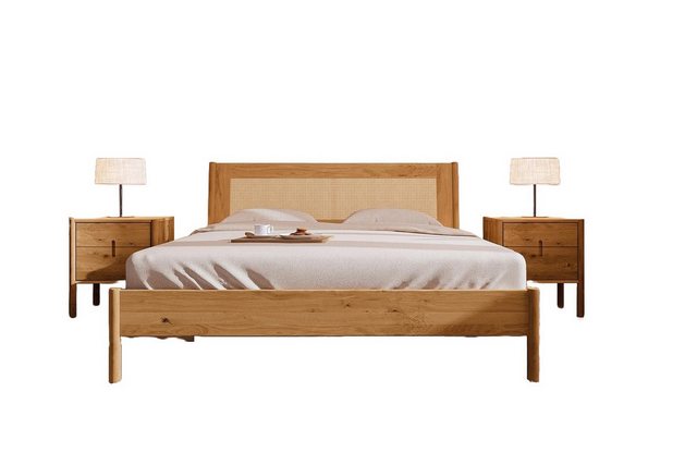 Natur24 Bett Bett Zola 2 Wildeiche massiv 200x220 Rattankopfteil und Holzbe günstig online kaufen