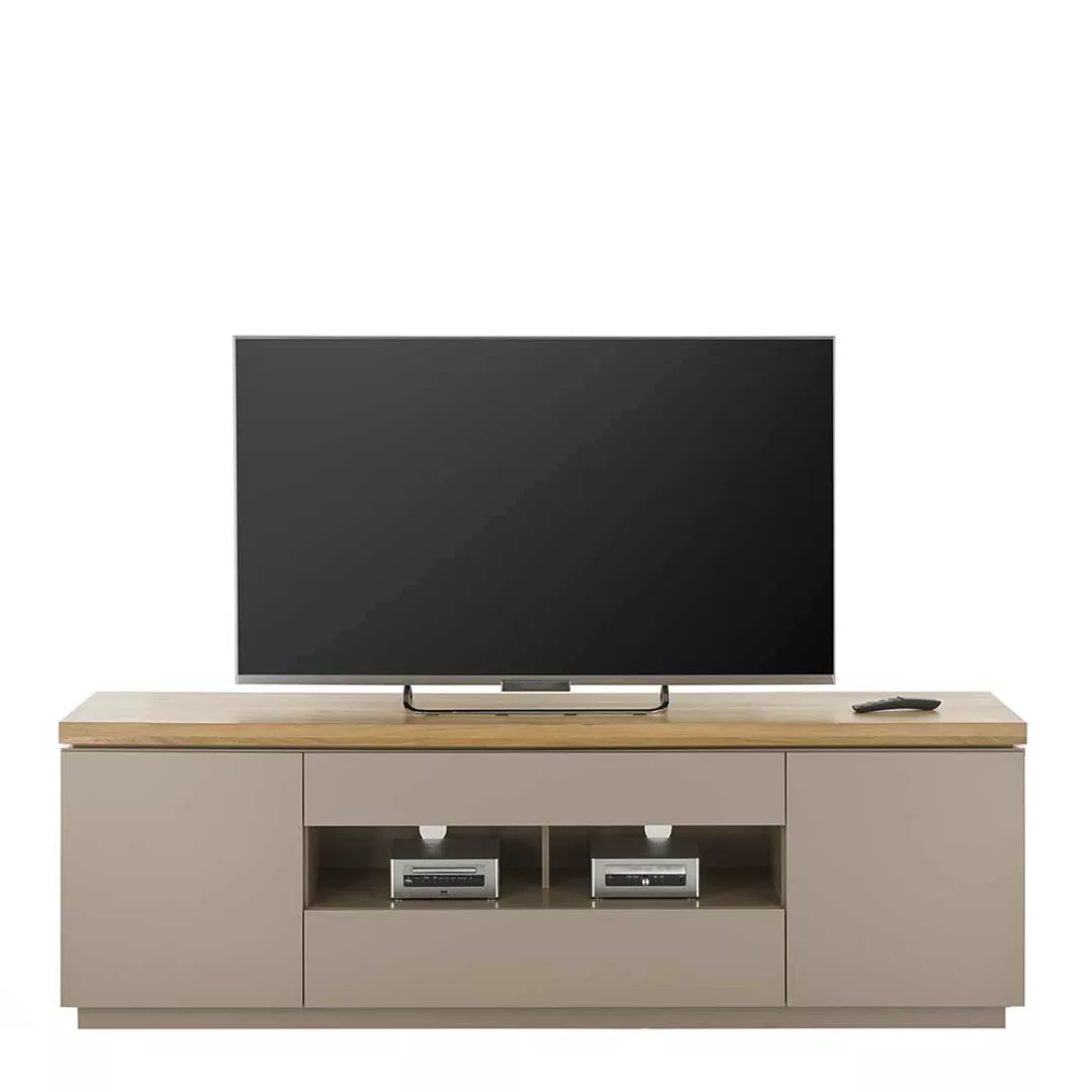 XL TV Lowboard in Taupe Deckplatte aus Akazie Massivholz günstig online kaufen