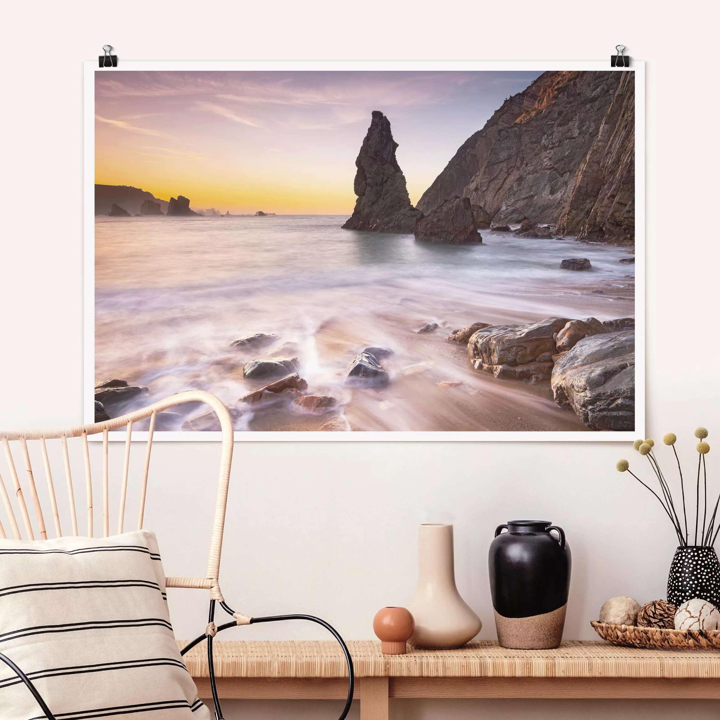 Poster Strand - Querformat Spanischer Strand bei Sonnenaufgang günstig online kaufen