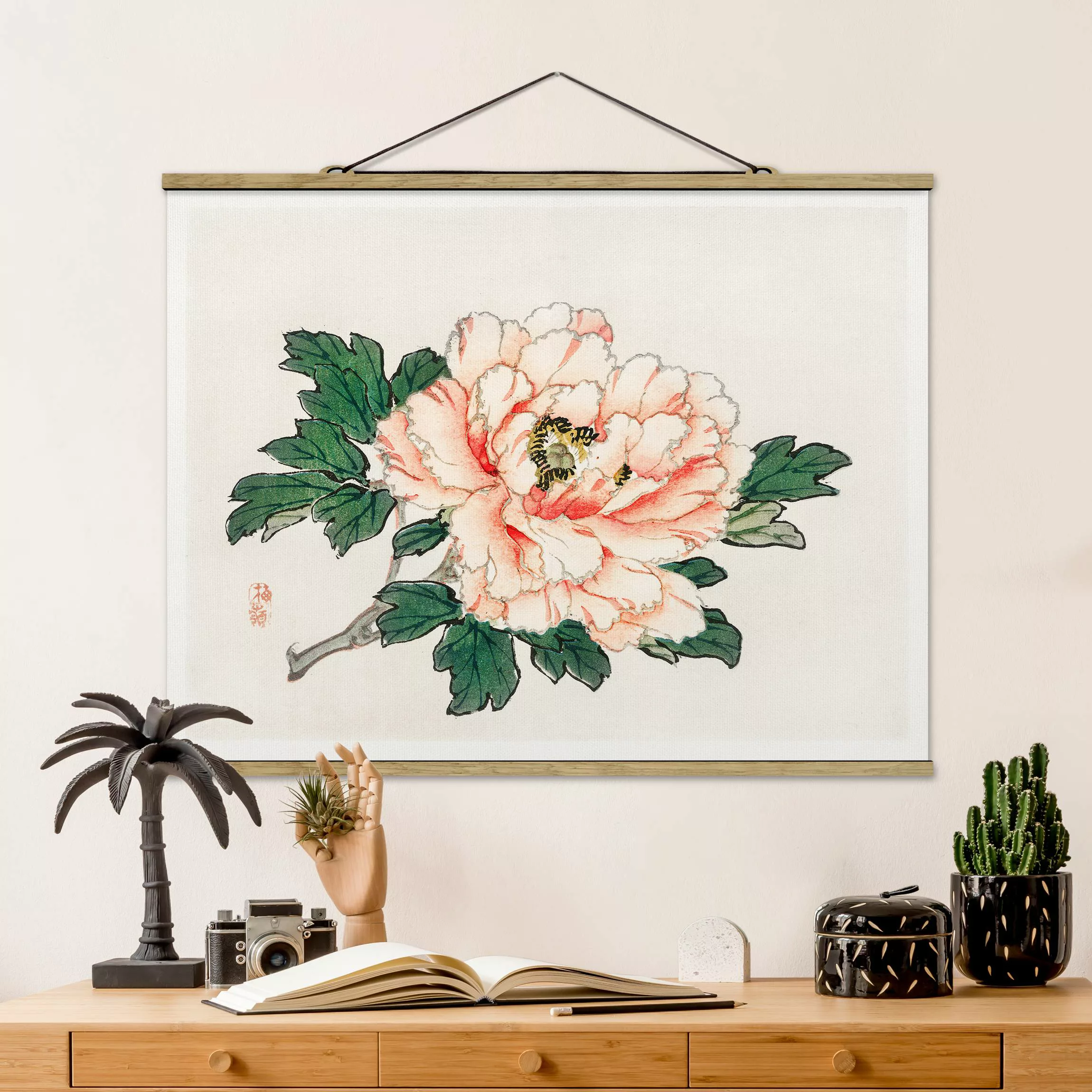 Stoffbild Blumen mit Posterleisten - Querformat Asiatische Vintage Zeichnun günstig online kaufen