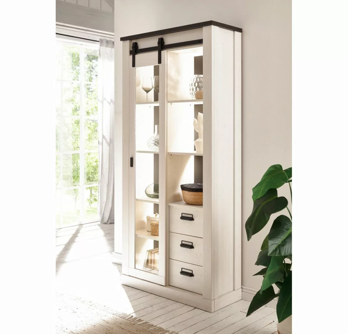 Lomadox Vitrine SHELTON-61 Pinie weiß Nb. mit anthrazit 93/201/38 cm günstig online kaufen