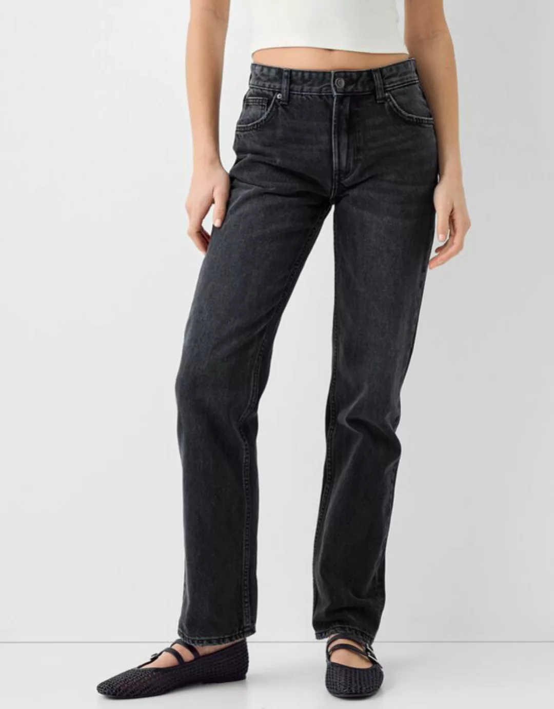 Bershka Straight Fit Jeans Damen 38 Schwarz günstig online kaufen
