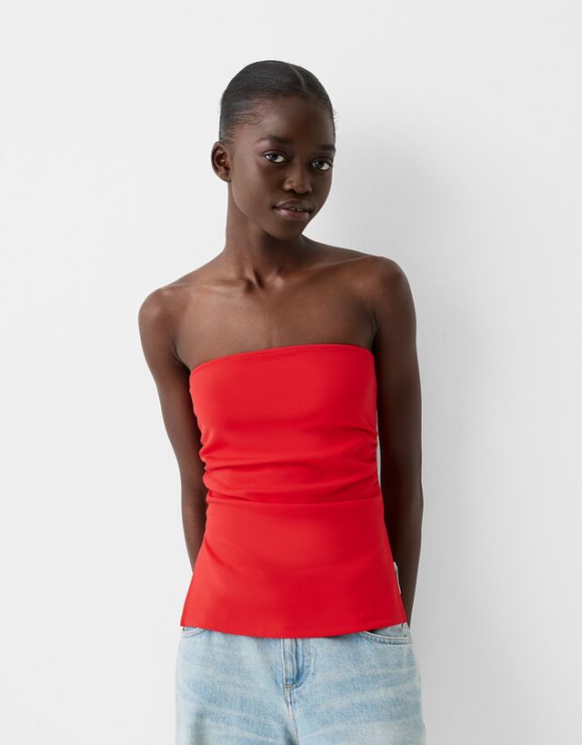 Bershka Bandeau-Top Aus Punto-Di-Roma Mit Raffung Damen L Rot günstig online kaufen