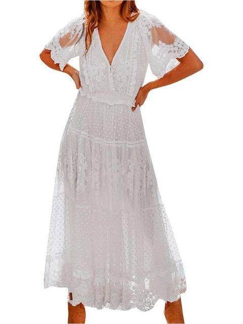 KIKI A-Linien-Kleid Sommerkleid Damen V-Ausschnitt Spitze Hochzeit Boho Sty günstig online kaufen