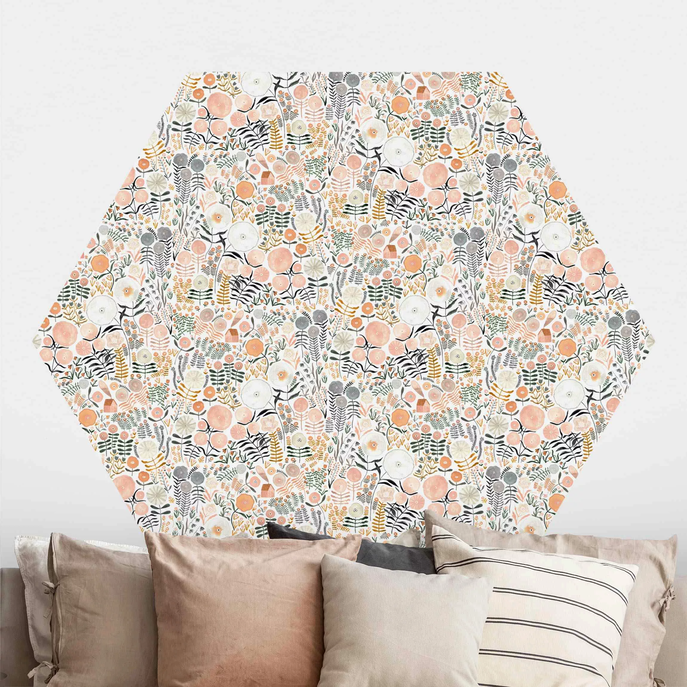 Hexagon Tapete selbstklebend Blumenmeer in Apricot günstig online kaufen